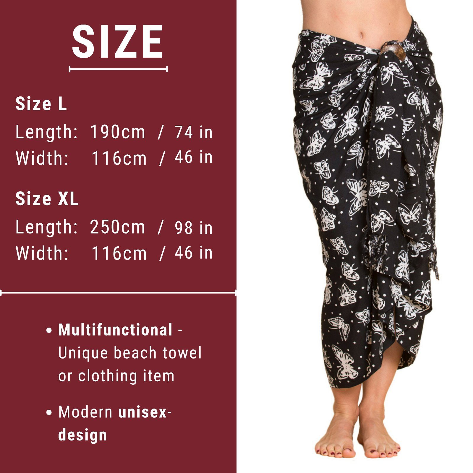 PANASIAM Überwurf in Cover-up den als Tuch Schwarz Strandkleid B005 Strandtuch Wachsbatik tragbar Größen Wrap für Bikini auch Sarong Strand großen oder, Pareo
