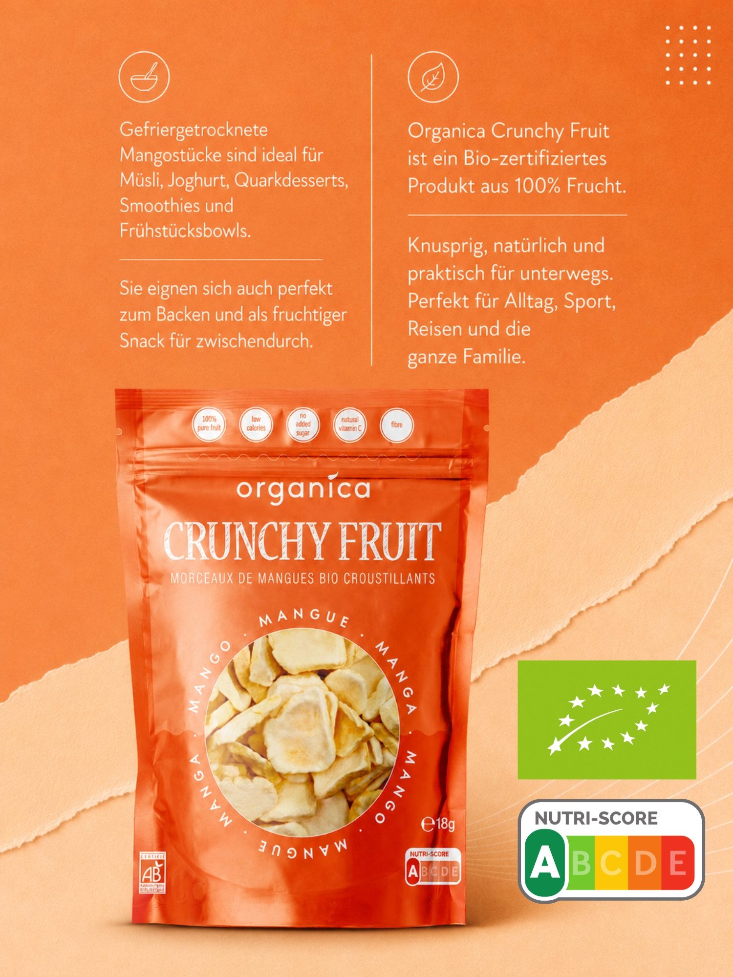 Organica Trockenfrüchte Bio-Mango gefriergetrocknet knuspriger Fruchtsnack, 1 x (Single Pack(18g), Bio-zertifiziert, 100 % Frucht, Ohne Zuckerzusatz, Nutri-Score A