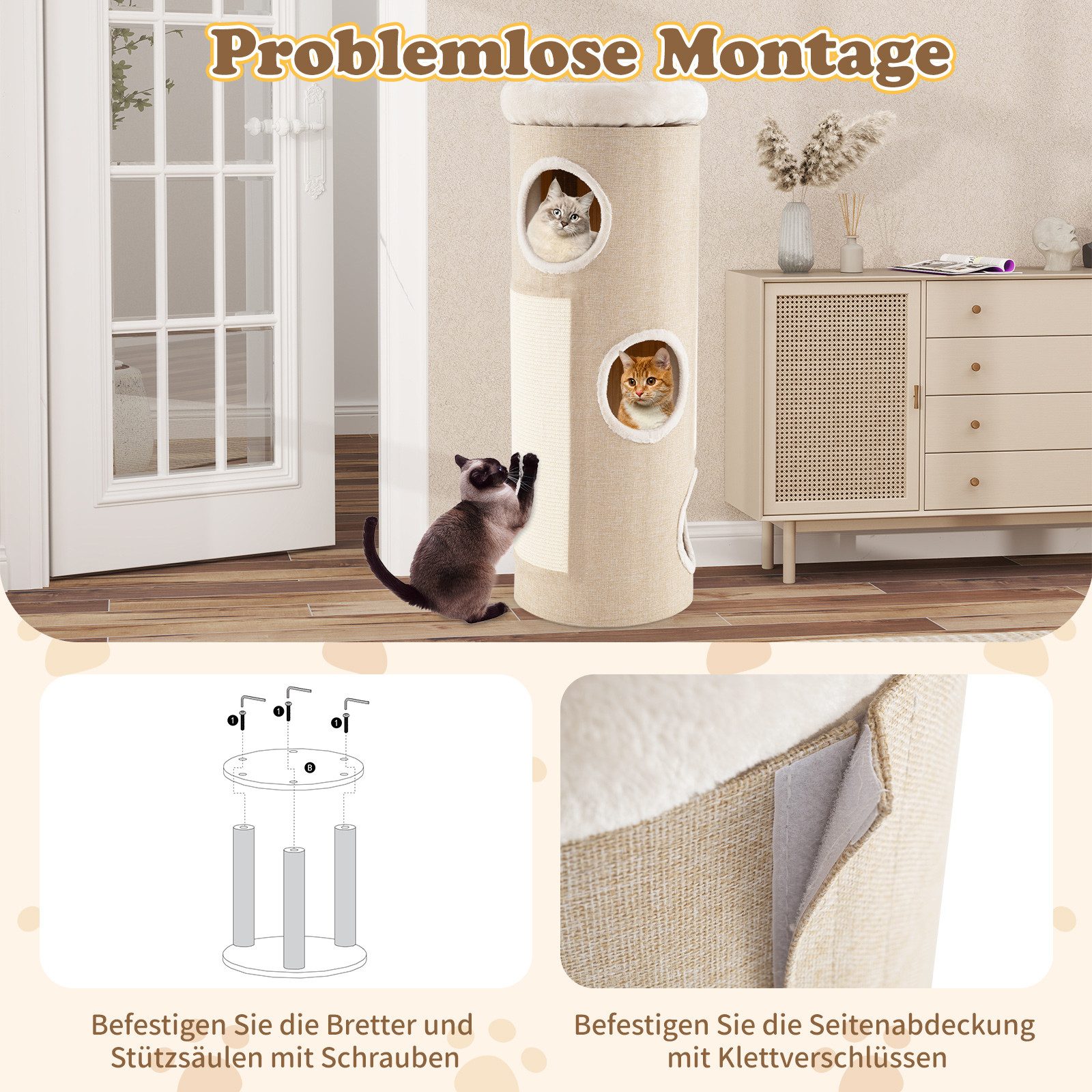 Thumbnail - KOMFOTTEU Kratzbaum, mehrstöckiges Katzenhaus mit 3 Löchern & Plüschbett