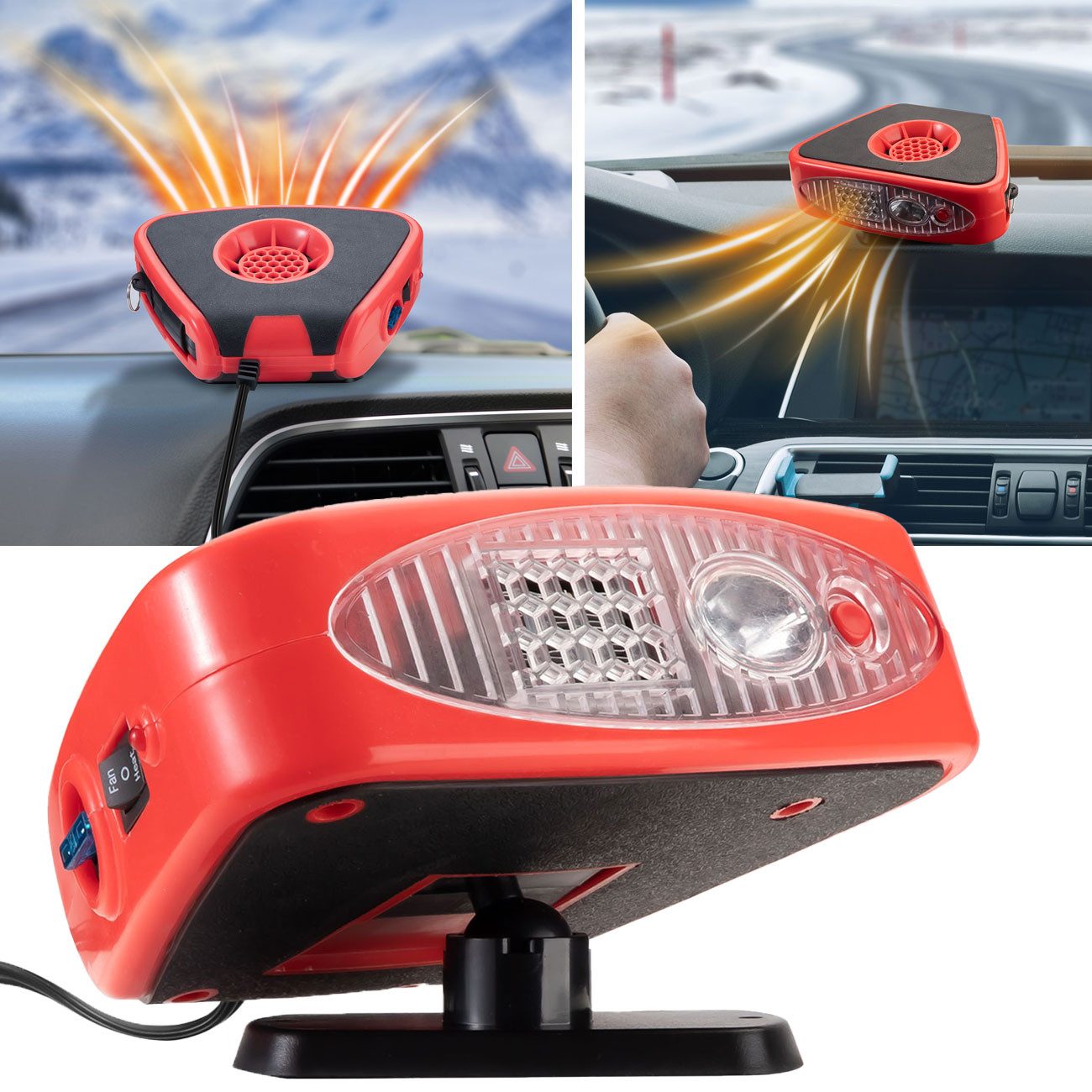 Casativo Heizlüfter Auto Zusatzheizlüfter 12V 150W Autoheizung Enteisen & Wärmen, 360° Kugelkopf-Halterung/via 12V Zigarettenanzünder/inkl. Lampe 2LEDs