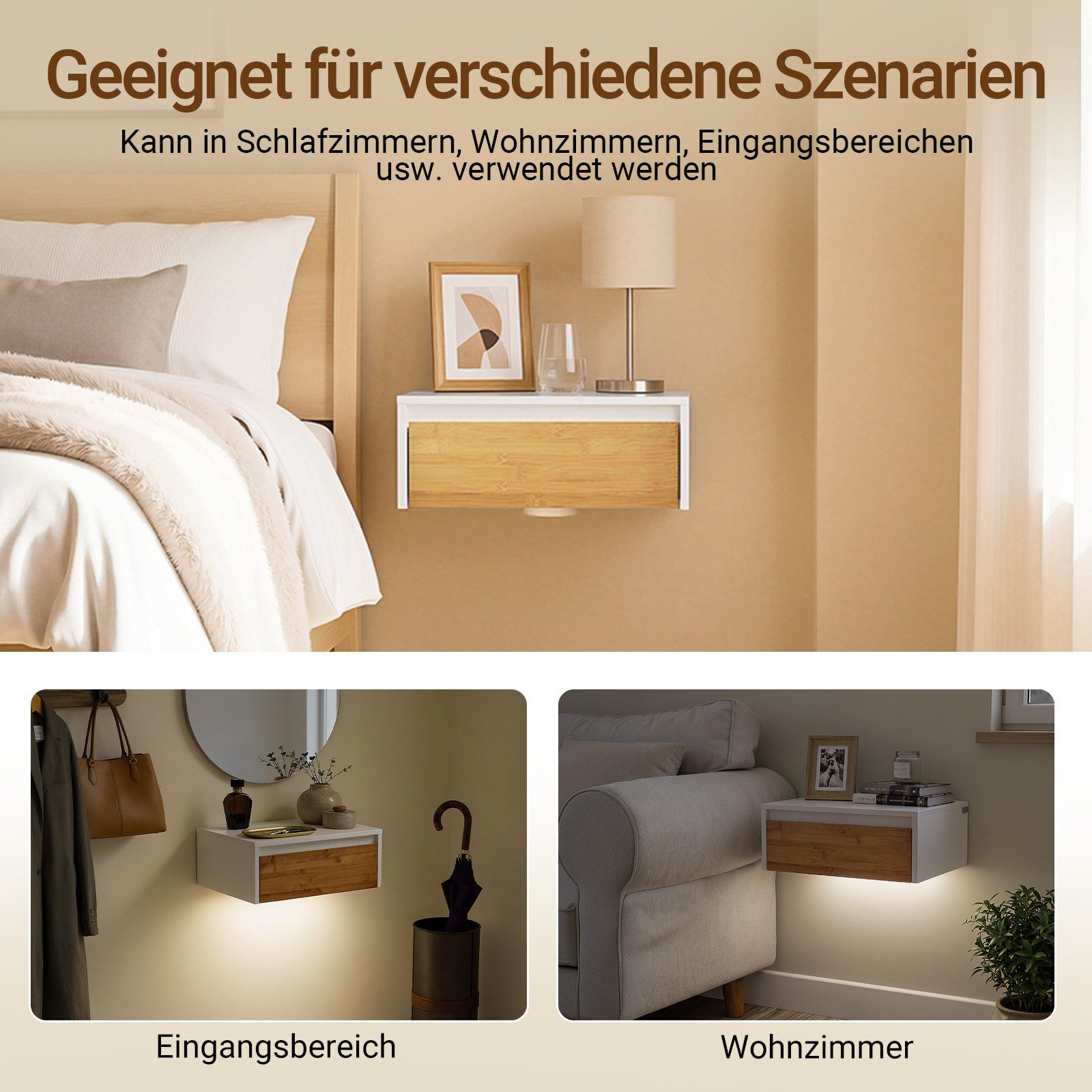 SoBuy Nachttisch FBT174/175, 2er set Nachtschrank Nachttisch hängend, Bettablage, Wandregal mit Bewegungssensor Licht, mit Schublade, Schlafzimmer