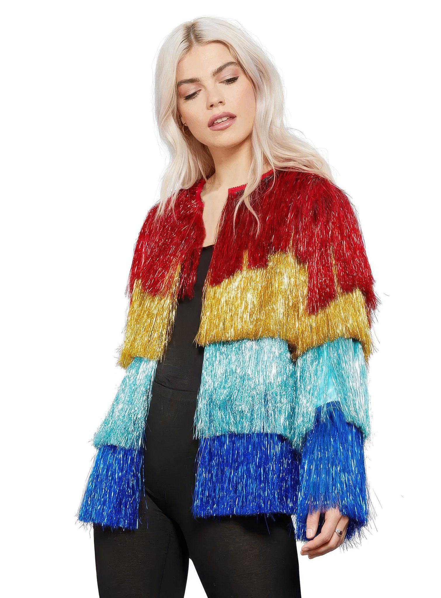 Smiffys Kostüm Lametta Festivaljacke vierfarbig, Knallbunte Jacke mit metallischen Fransen