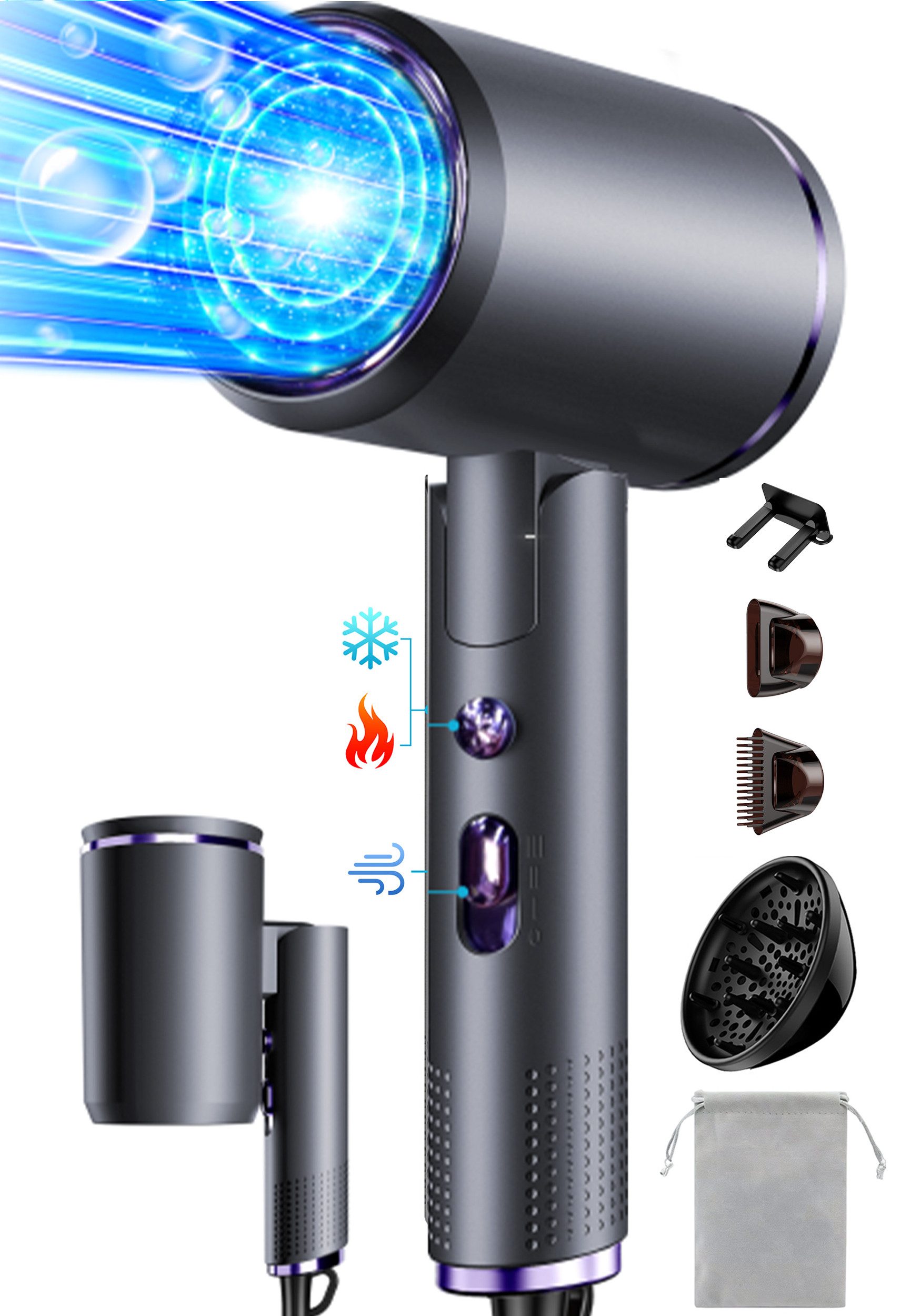 Fyrove Ionic-Haartrockner Föhn,Ionen-Haartrockner 2500W, klappbar, 3 Stylingdüsen, 2400 W, 2 Gebläsestufen, Reise-Föhn, Reiseföhn Hairdryer