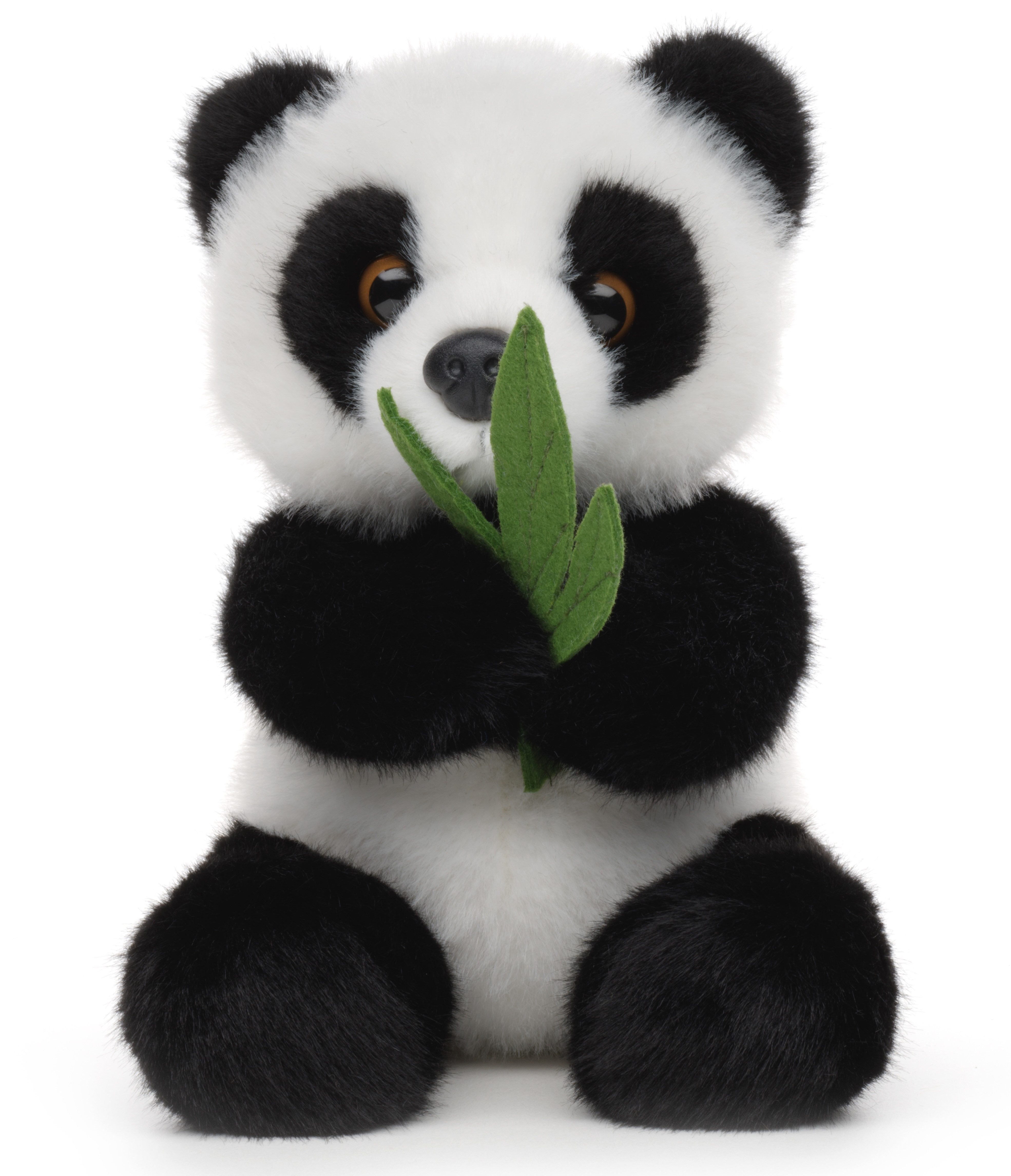 Uni-Toys Kuscheltier Pandabär mit Blatt, sitzend - 18 cm (Höhe) - Plüsch-Panda - Plüschtier, zu 100 % recyceltes Füllmaterial