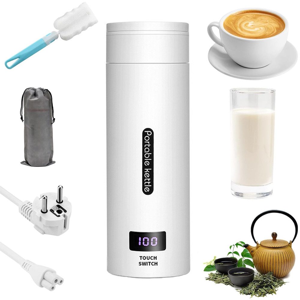 TUWENA Wasserkocher Elektrischer Wasserkocher Klein 500ML, 3 in 1 Elektrische Wassertasse, Heizbecher mit Temperatureinstellung für Reise mit Bürsten und Taschen