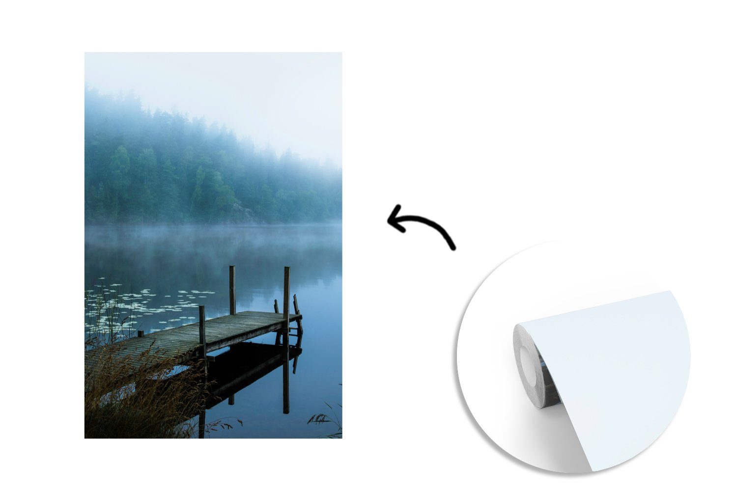 Vinyl für - Wandtapete See St), Wald bedruckt, - Matt, Montagefertig Fototapete MuchoWow Natur (3 Wohnzimmer, Nebel, - Tapete