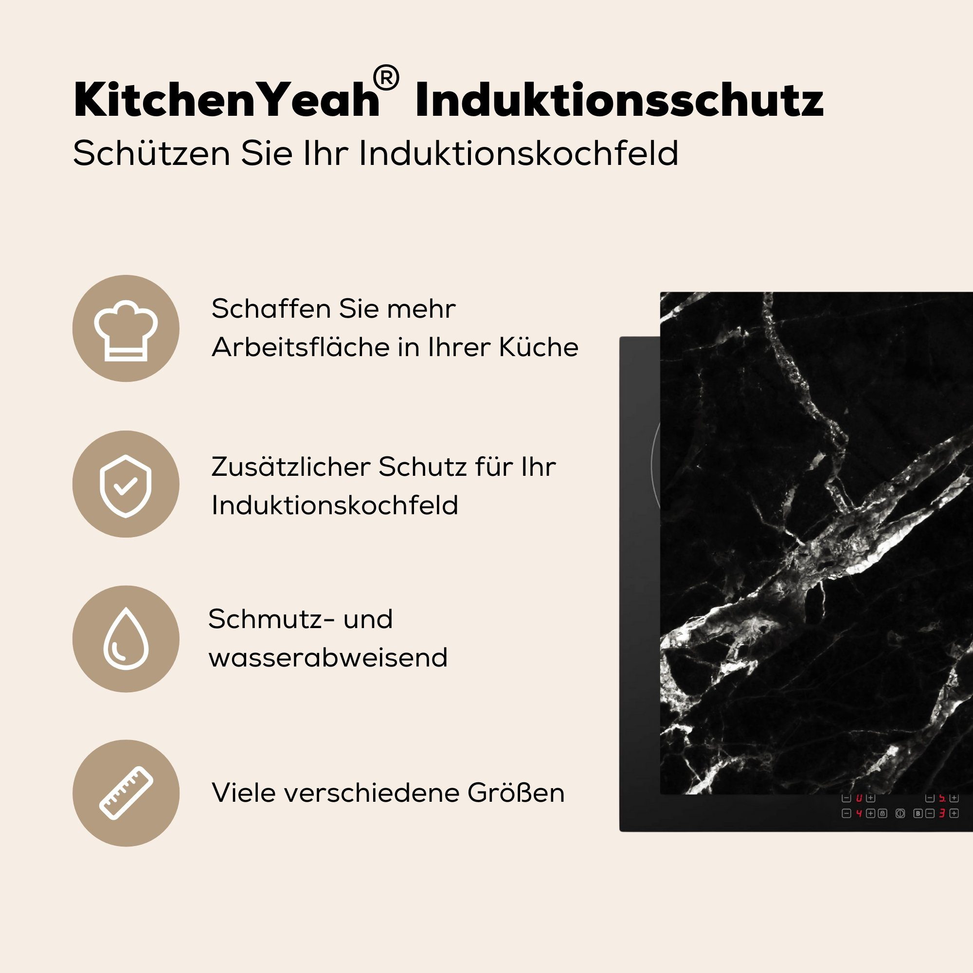 Weiß Schwarz Marmor küche, Herdblende-/Abdeckplatte Ceranfeldabdeckung Steine, - 81x52 - Schutz - (1 cm, MuchoWow Vinyl, die Induktionskochfeld tlg), für