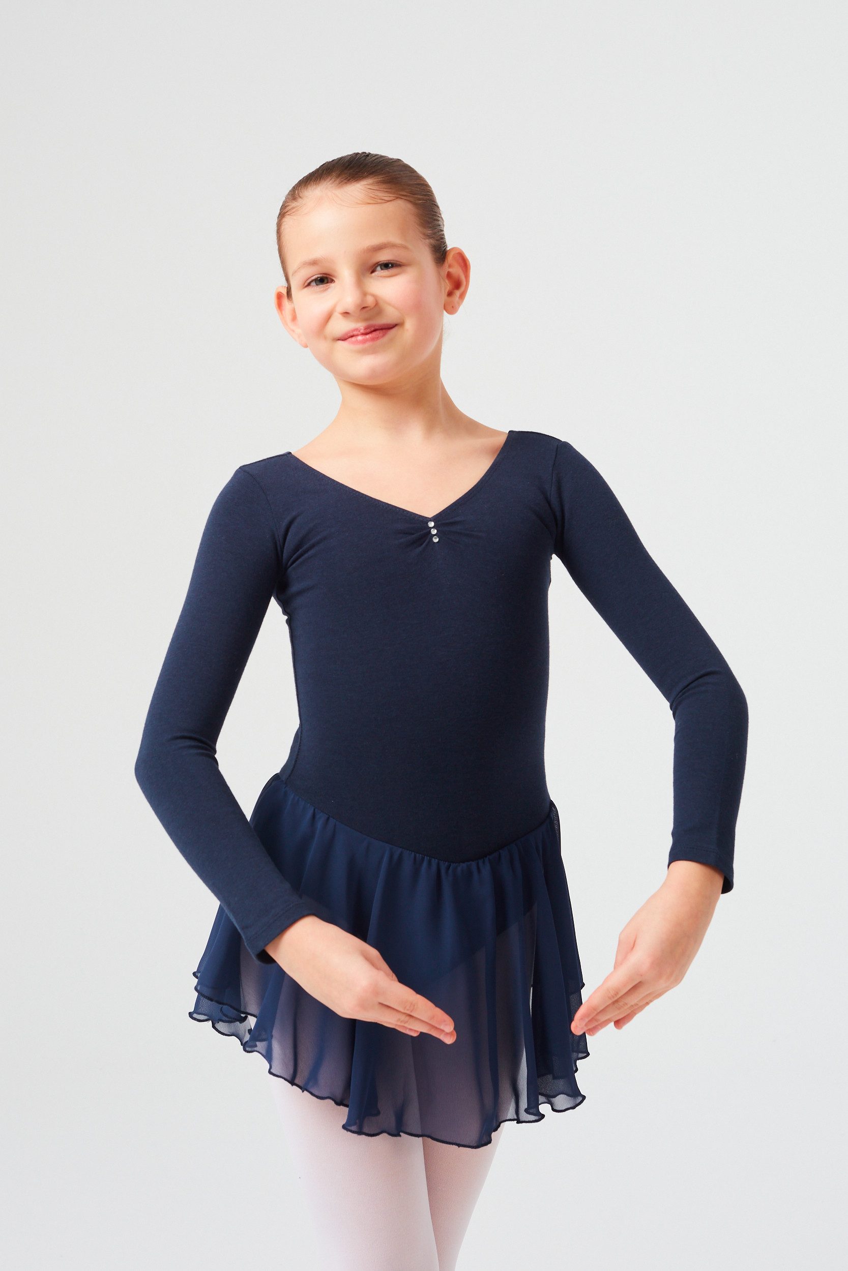 tanzmuster Chiffonkleid Ballettkleid Anna mit Glitzersteinen Mädchen Ballettbody mit Chiffon Röckchen