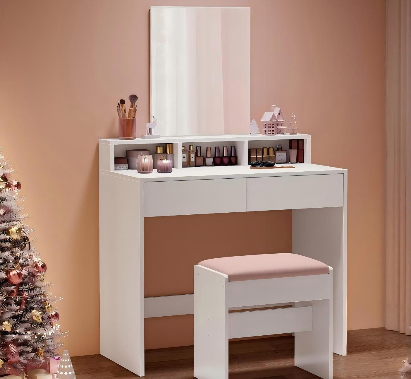 VASAGLE Schminktisch, großem Spiegel, 2 Schubladen, 3 offene Fächer, Modern