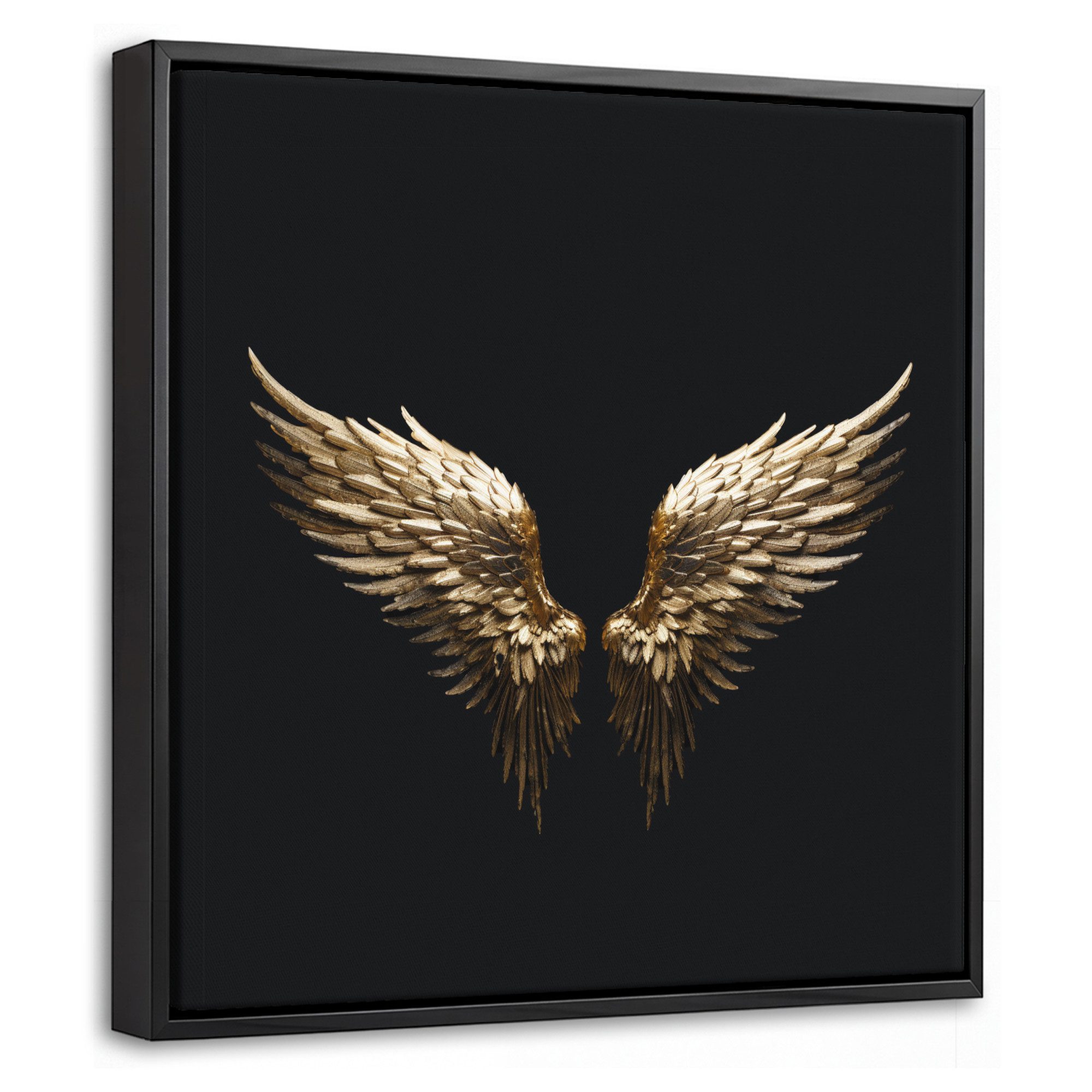 OneMillionCanvasses® Leinwandbild mit Rahmen - Flügel - Engel - Gold - Schwarz - Abstrakt, Fotodruck (1 St), Leinwand Bilder Klein, Wand Dekoration Aesthetic 20x20cm