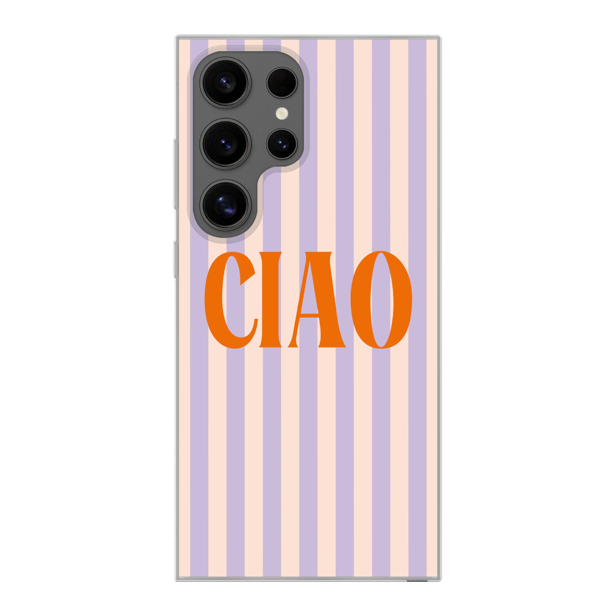 MuchoWow Handyhülle für Samsung Galaxy S24 Ultra Ciao - Zitat - Pastell - Streifen, Phone Case, Silikon, Schutzhülle Dünn