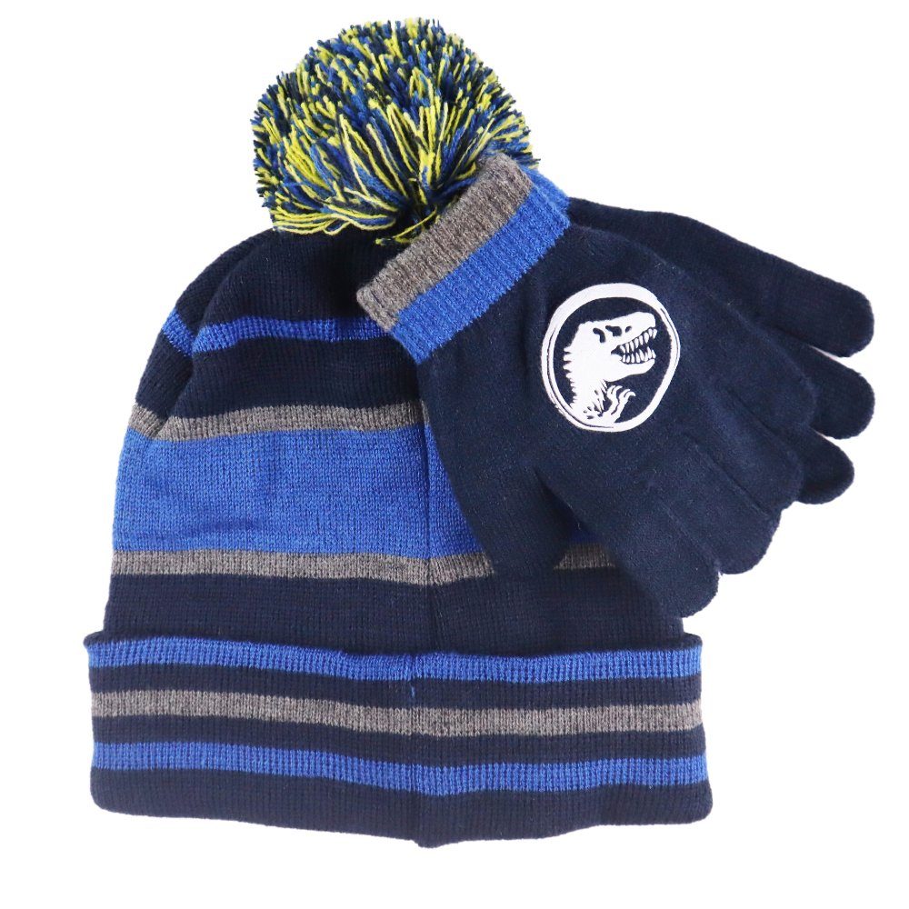 World Wintermütze Blau Jurassic Bommelmütze Jurassic Dino Gr. bis 52 Herbst World Handschuhe Kinder Dinosaurier 54