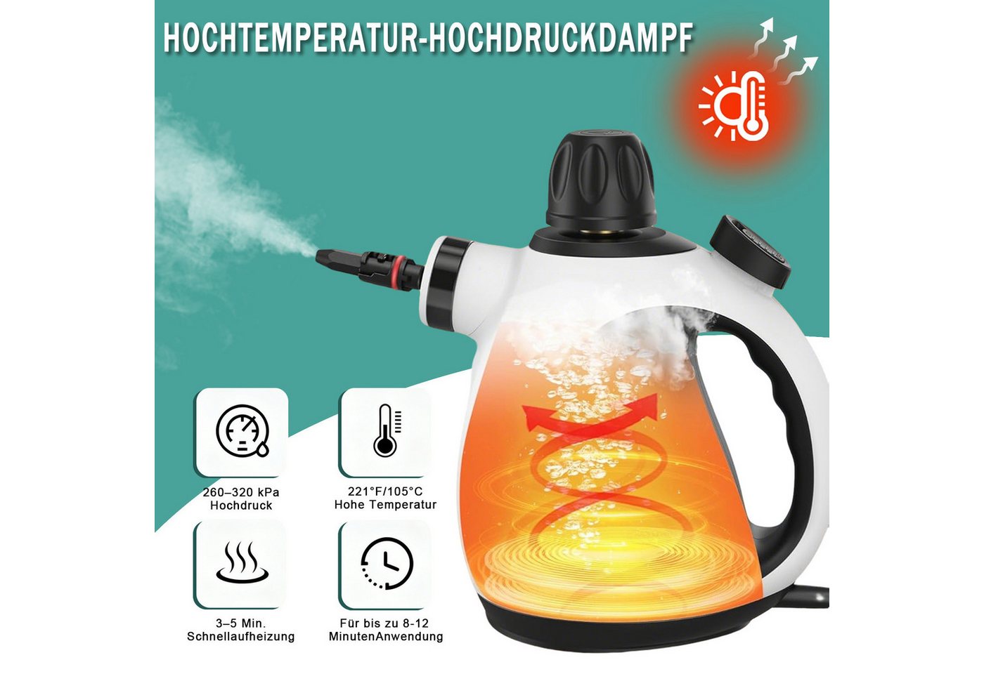 AKKEE Handdampfreiniger Mehrzweck-Dampfreiniger 320 Kpa Küchenreiniger tragbarer Reiniger, 1050 W, mit 14 Zubehörteilen, Ergonomischer Griff