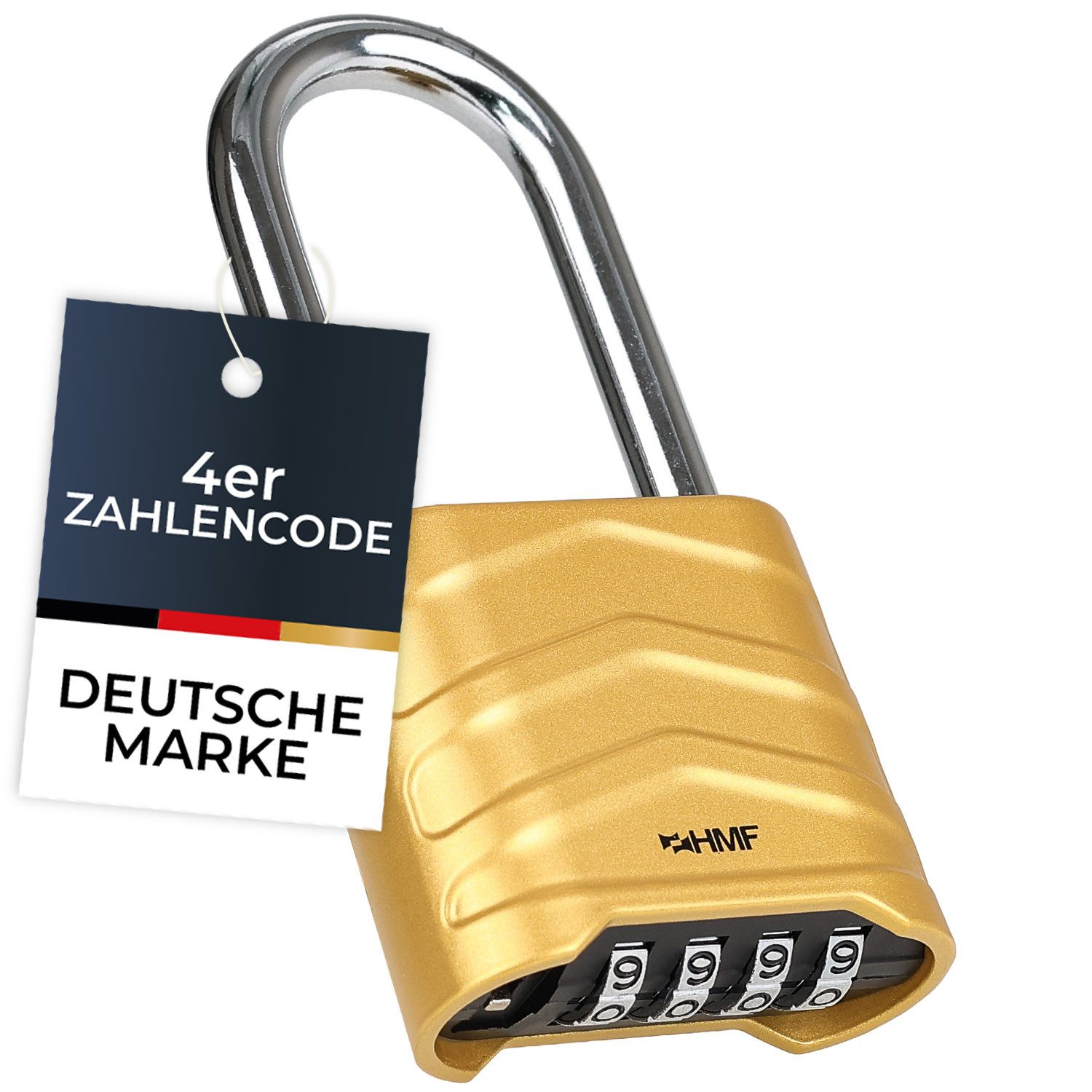 HMF Vorhängeschloss Zahlenschloss Vorhängeschloss mit hohem Bügel, robustes Schloss mit, 4-stelligem Zahlencode Aluminiumlegierung, 5,6 x 2,6 x 11,7 cm, Gold