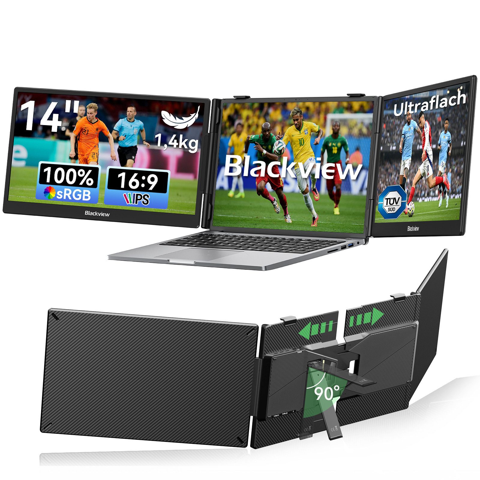 blackview 15.6 Zoll FHD Gaming Monitor DCM8, Dual-Screen, IPS LCD Portabler Portabler Monitor (1920x1200 px, Full HD, IPS, 1kg, 180°, 14-17,3 Zoll & Windows/Mac/Android/Chrome-Kompatibilität)