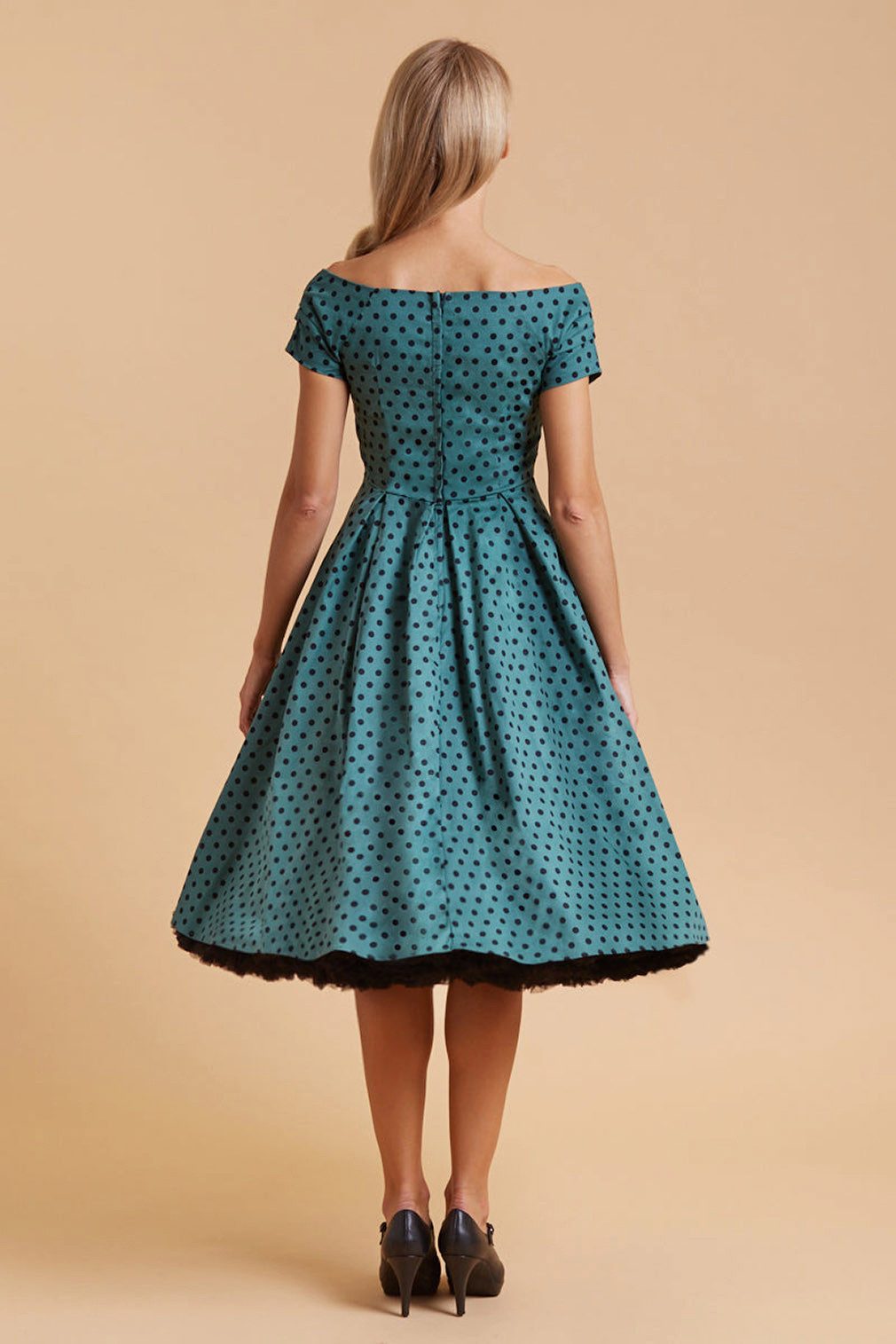 Dolly and Dotty A-Linien-Kleid Lily Dark Green Polka Dot Off-Shoulder Vintage Retro