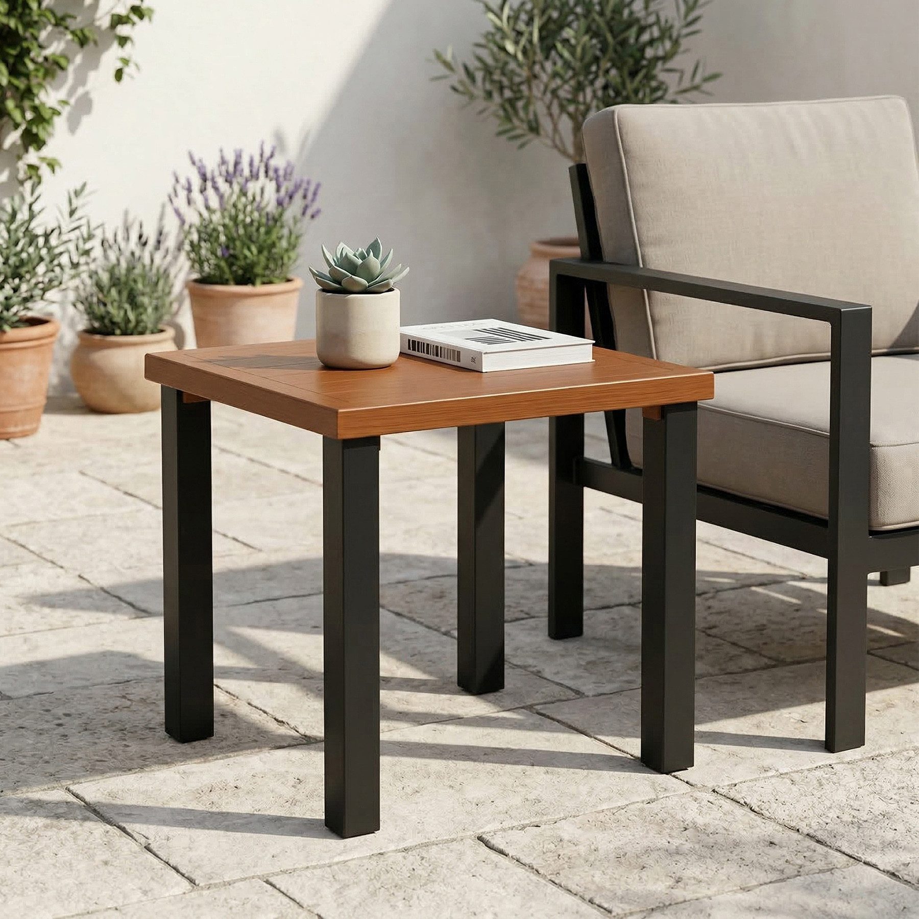 Tribesigns Beistelltisch Balkontisch, Outdoor Gartentisch mit Tischplatte in Holzoptik