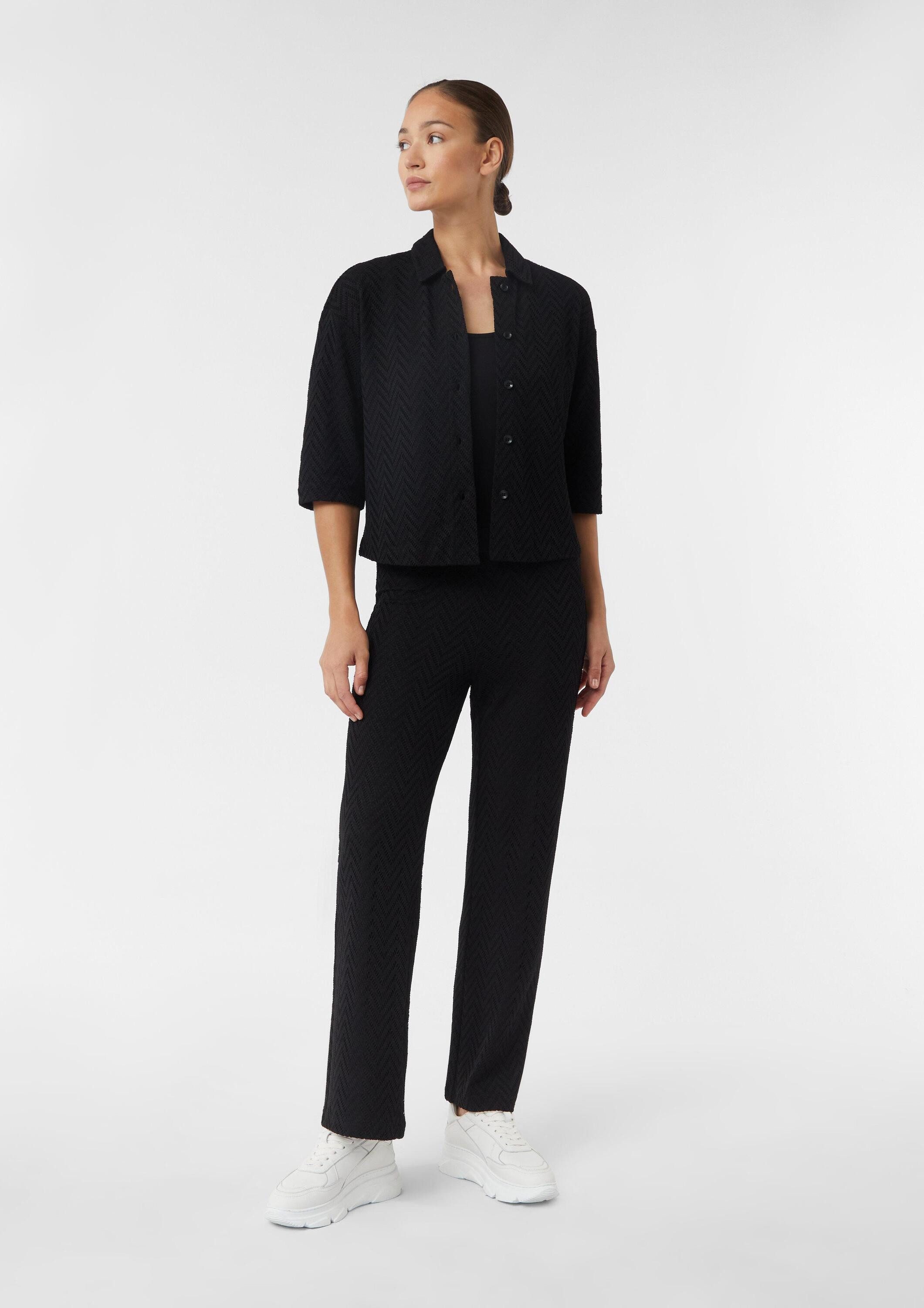 comma Kurzarmbluse T-Shirt Cropped Overshirt mit Ajourmuster und Knopfleiste