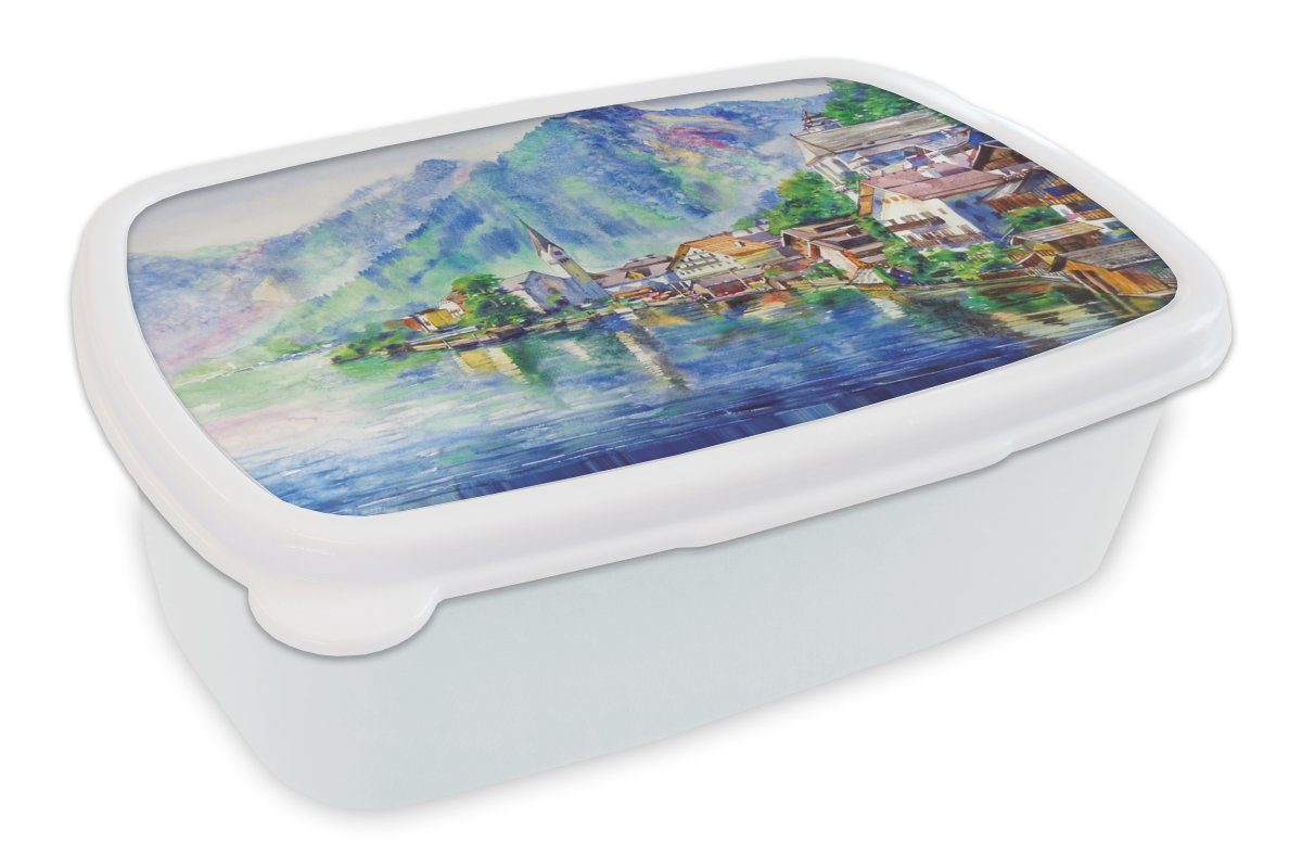 MuchoWow Lunchbox Gemälde - Ölfarbe - Haus - Berge - Wasser, Kunststoff, (2-tlg), Brotbox für Kinder und Erwachsene, Brotdose, für Jungs und Mädchen weiß