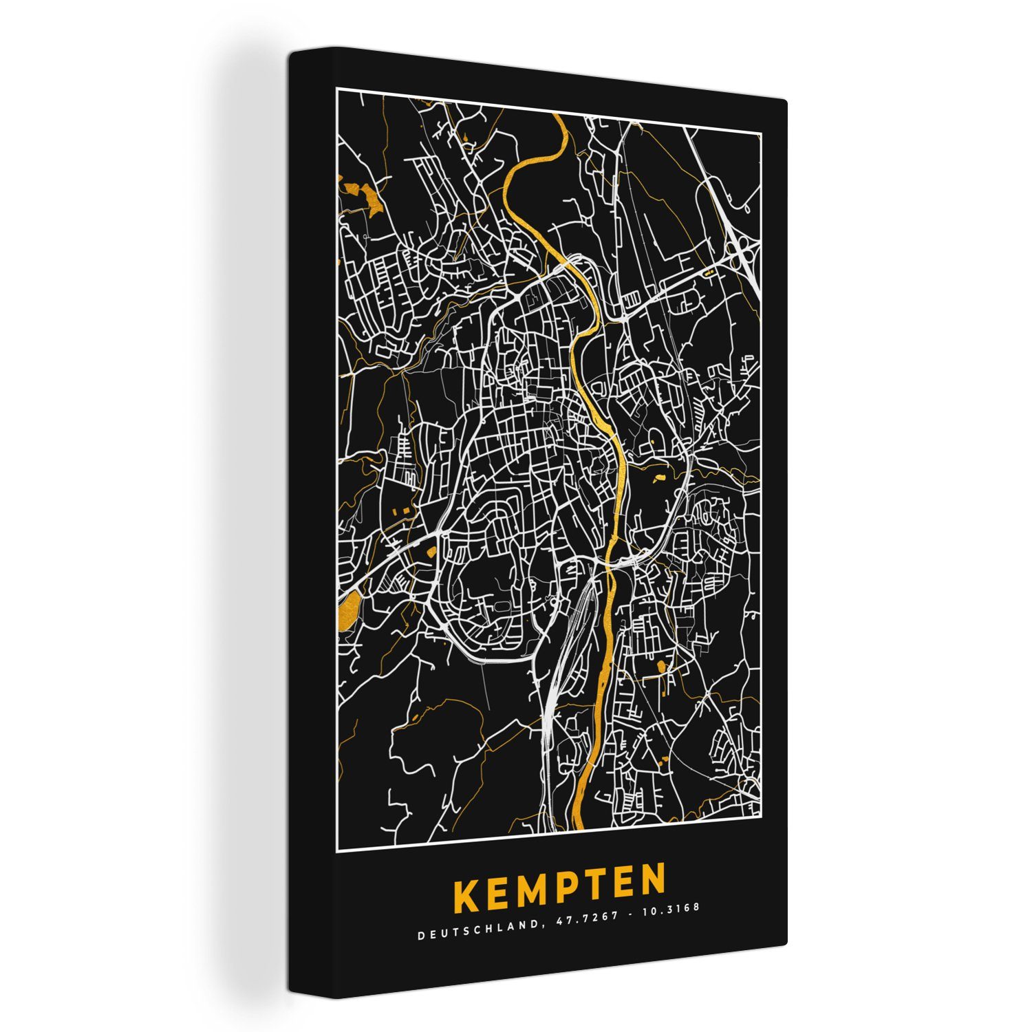 OneMillionCanvasses® Leinwandbild Stadtplan - Deutschland - Gold - Kempten - Karte, (1 St), Leinwandbild fertig bespannt inkl. Zackenaufhänger, Gemälde, 20x30 cm