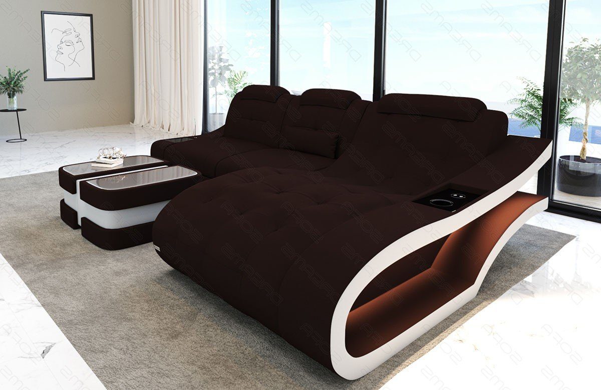 Sofa Dreams Ecksofa Stoffsofa Polster Couch Elegante M - L Form Stoff Sofa, mit LED, wahlweise mit Bettfunktion mokka-weiß
