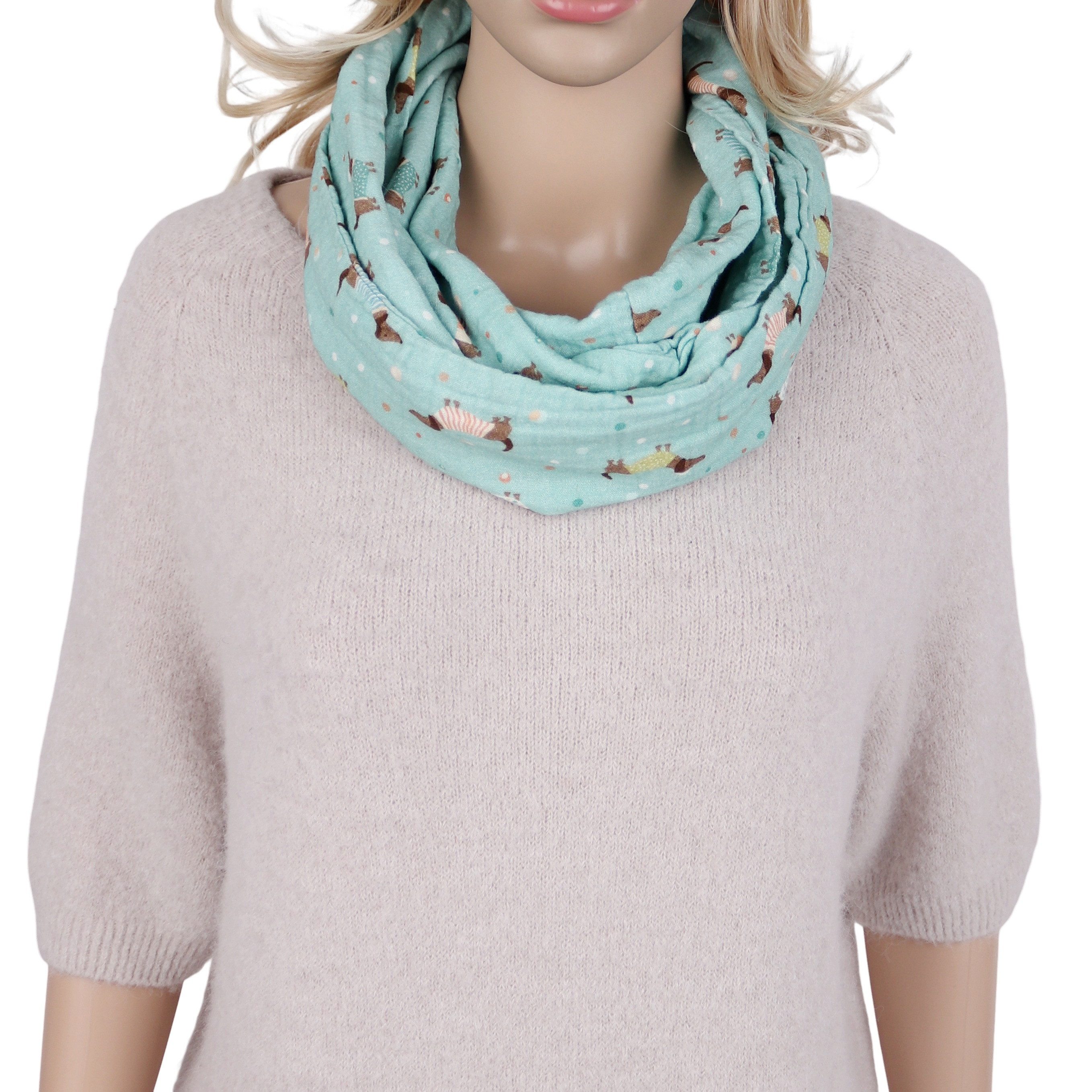 MIRROSI Loop Damen Schal aus Musellin, Made in Italy 70x20cm, Dackel, Schlauchschal, (Zweimal um den Hals wickelbar, ca.70x20cm), Damen Halstuch ideal für Frühling, Sommer oder Herbst