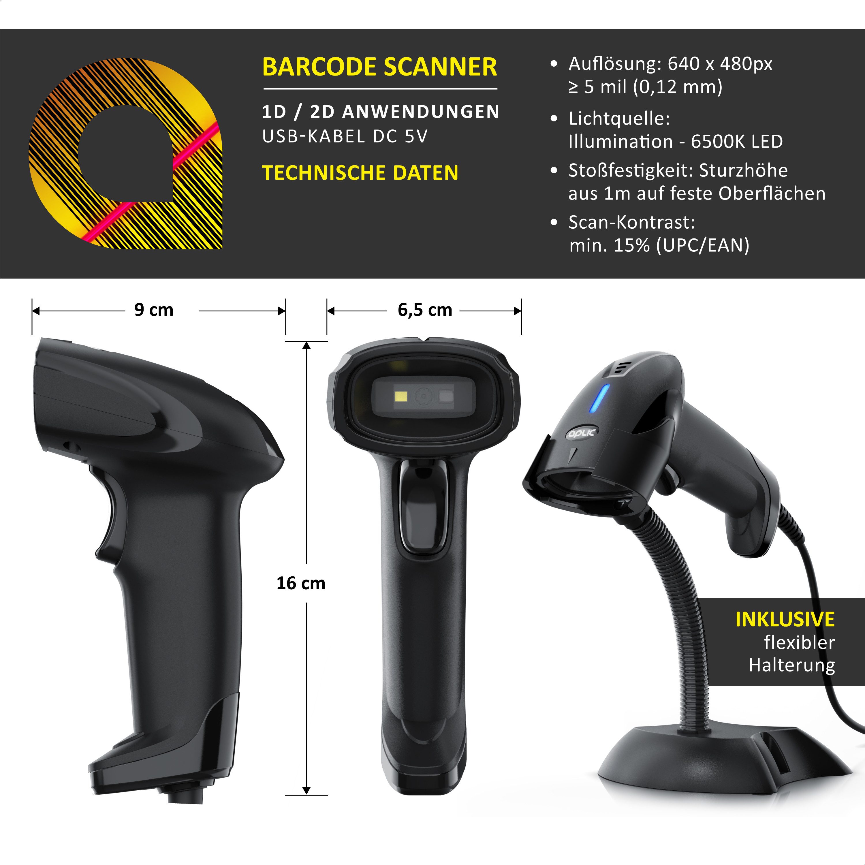 Aplic 1D 2D Barcode-Scanner kabelgebunden USB, manuell/auto, Standhalterung Handscanner, (USB, 1D/2D, hochauflösend, Plug&Play, Terminator wählbar, 15 % Lesekontrast)