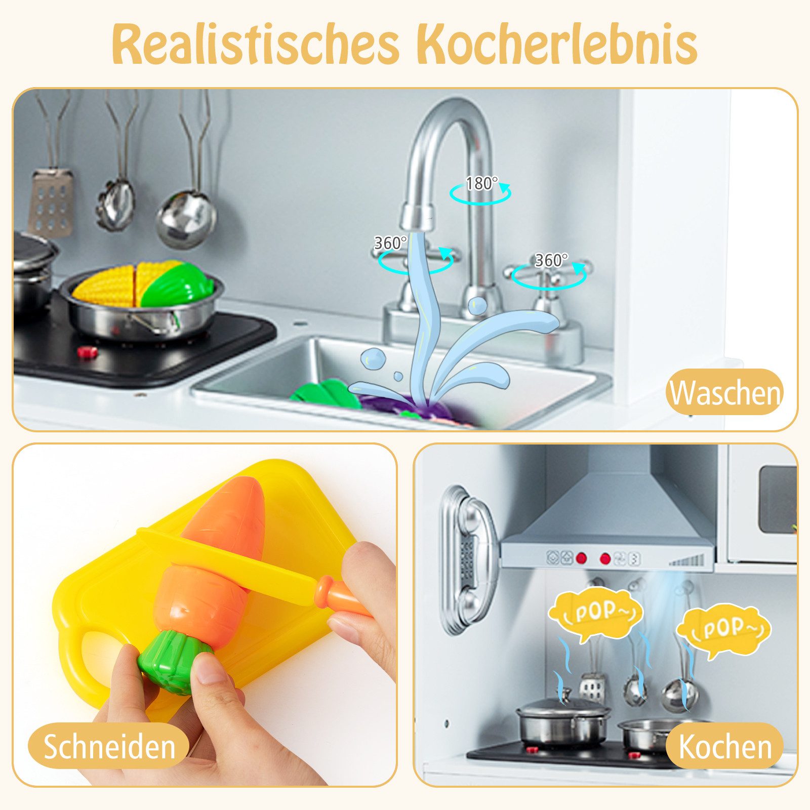 COSTWAY Spielküche Kinderküche Holz, 3-fach höhenverstellbar, mit 16 tlg. Zebehör