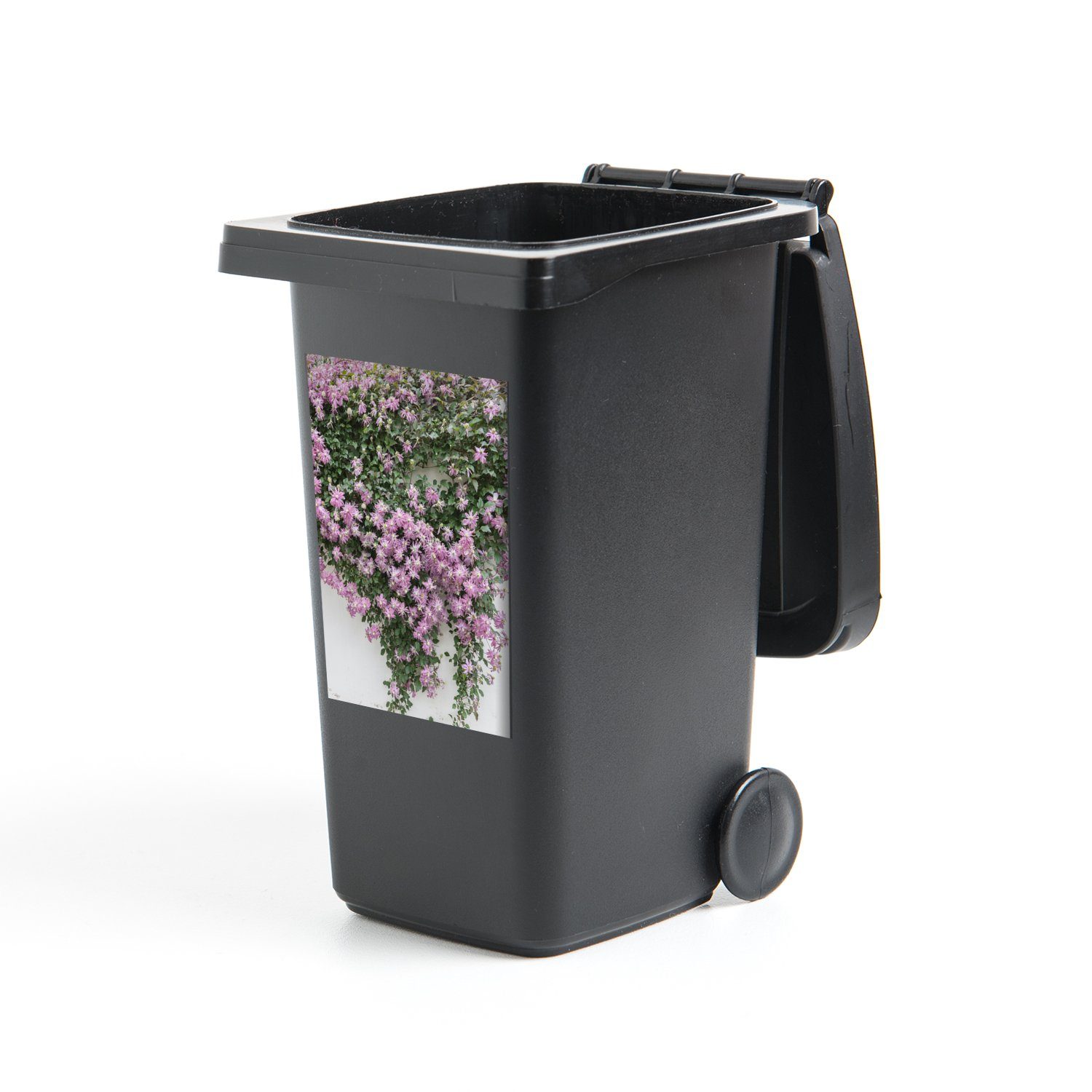 MuchoWow Wandsticker mit Schlingpflanze St), rosa Mülleimer-aufkleber, Container, Blüten (1 Abfalbehälter Mülltonne, Sticker