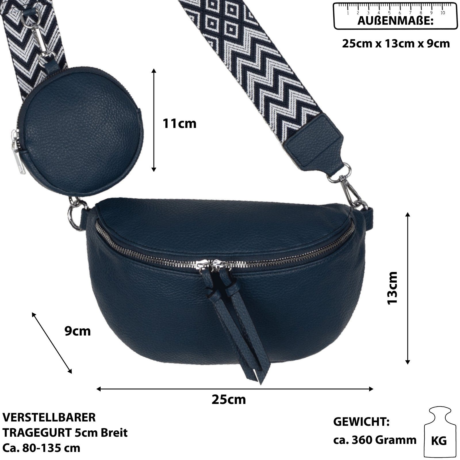 EAAKIE Gürteltasche Bauchtasche Umhängetasche Crossbody-Bag Kunstleder Italy-Design, als Schultertasche, CrossOver, Umhängetasche tragbar
