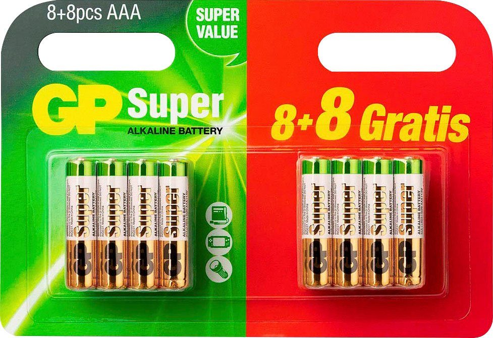 GP Batteries 16 Stück (8+8) AAA Micro Super Alkaline, 1,5V Batterie, (1,5 V, 16 St)