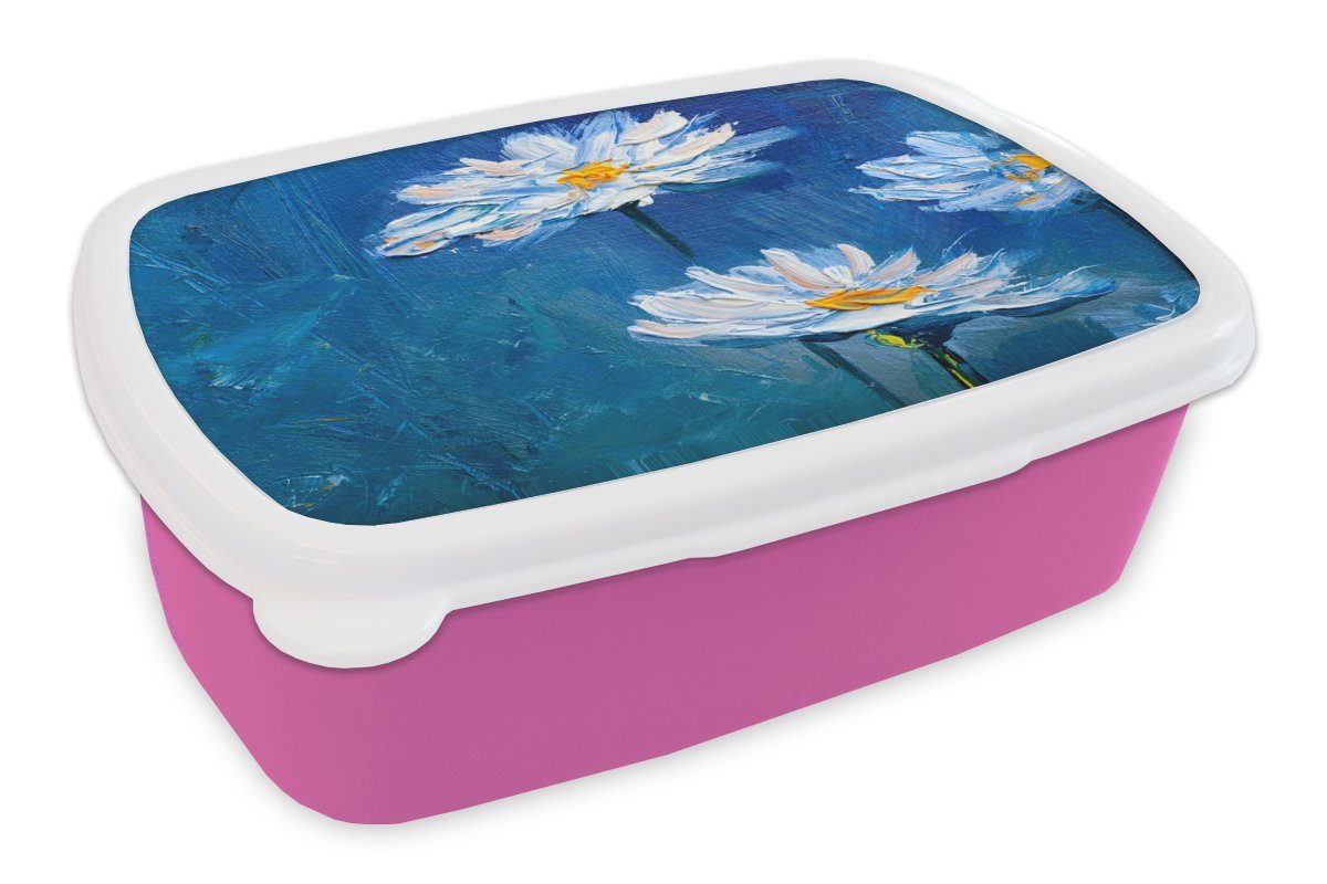 MuchoWow Lunchbox Gemälde - Ölfarbe - Blumen - Blau, Kunststoff, (2-tlg), Brotbox für Erwachsene, Brotdose Kinder, Snackbox, Mädchen, Kunststoff rosa