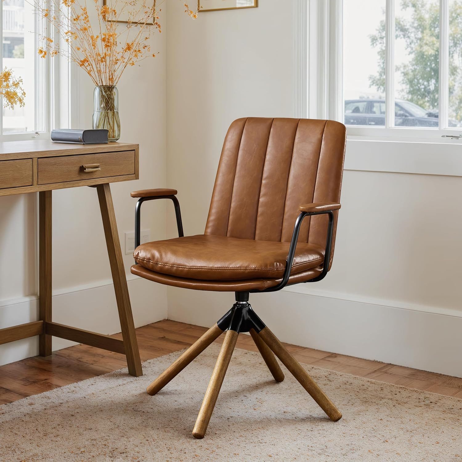 Art Leon Esszimmerstuhl CC058-New (360 Grad Drehbar Brüostuhl Mid Century Modern Drehstuhl ohne Rollen Farbe in Braun/Grün/Schwarz, 1 St), Kunstleder gepolsterter Bürostuhl mit Holzbeine