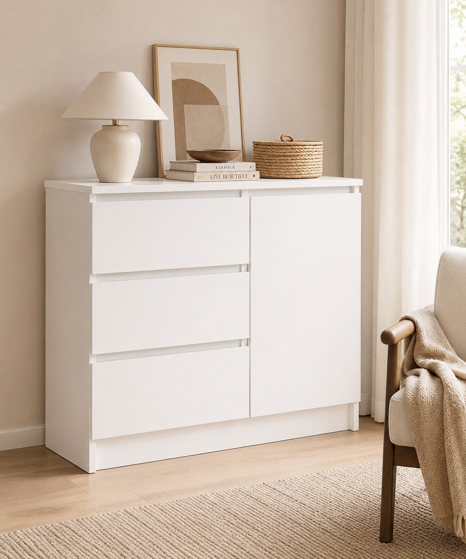 Yorbay Sideboard Weiß Kommode 80.5cm Beistellschrank mit 1 Türen und 3 Schubladen, 1 versteckten kleinen Schublade Maße:80.5x35x79cm