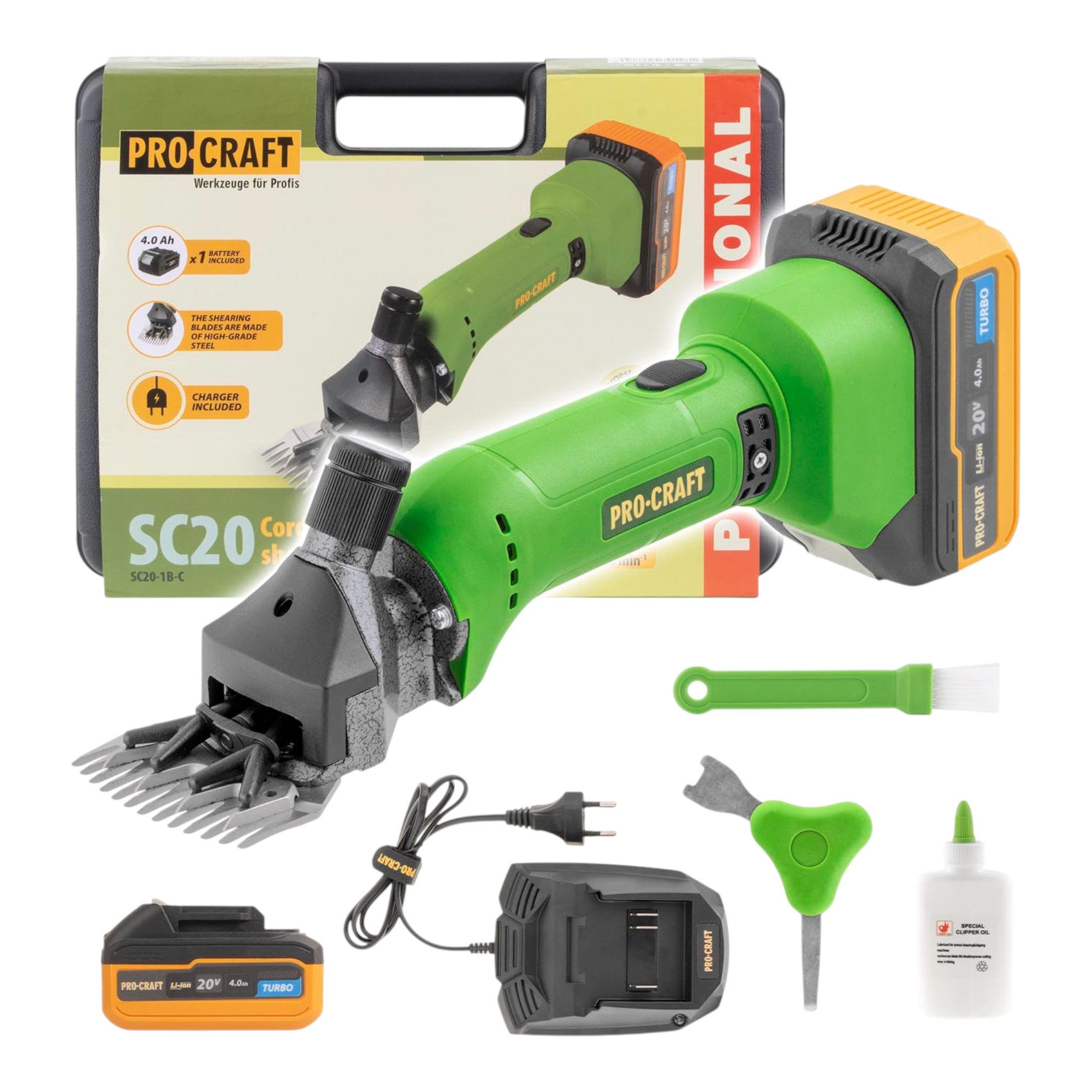 PRO CRAFT Akku-Grasschere SC20 20 V 76 mm + 1x Akku 4,0 Ah + Ladegerät + Koffer