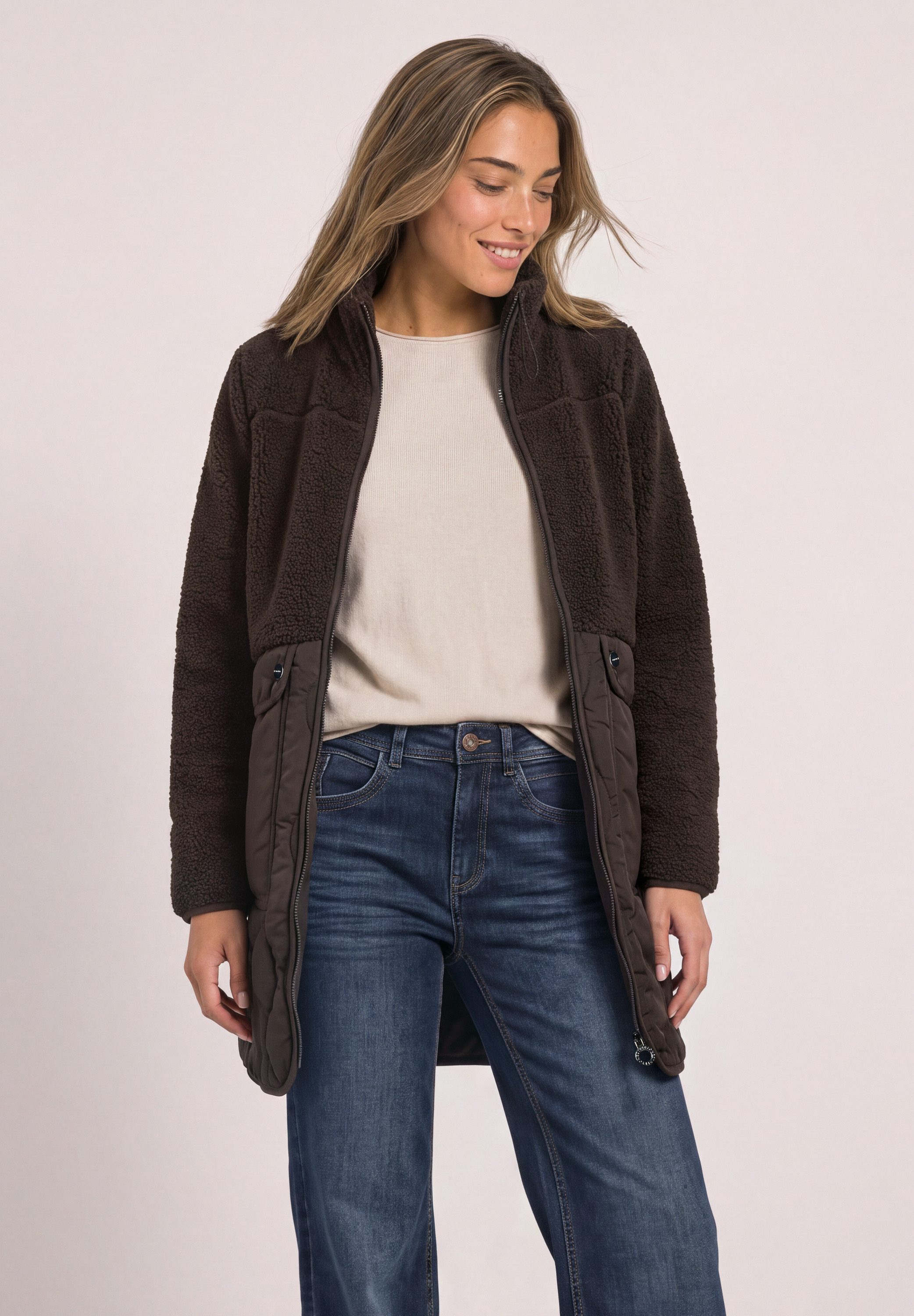 STREET ONE Langjacke Teddy-Mantel mit Strukturmix und Stehkragen