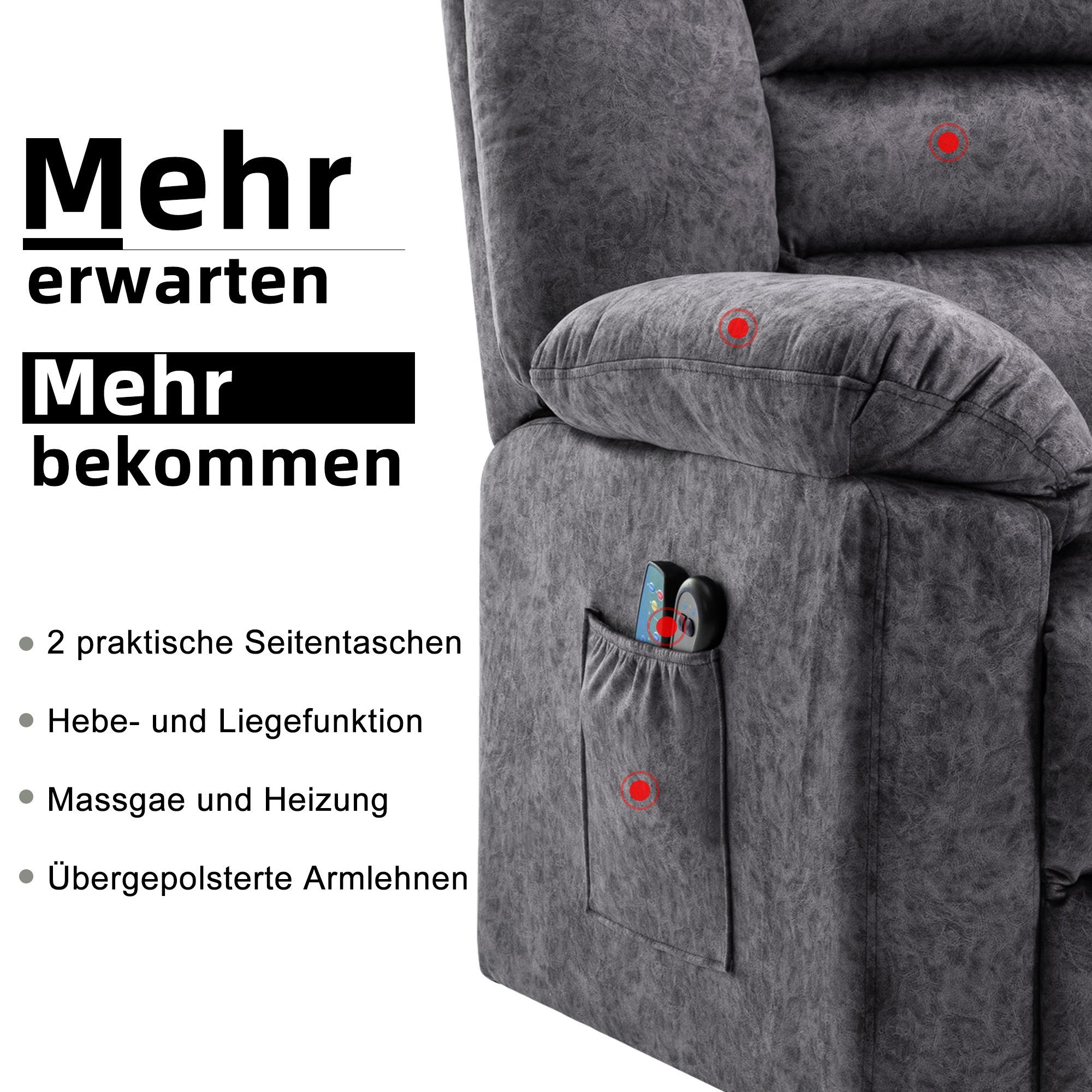 TV-Sessel (Fernsehsessel mit Aufstehhilfe, Schlafsessel, Relaxsessel, Massagesessel, Liegefunktion, Wärmefunktion und Vibrationsmassage), bis zu 150 kg belastbar, Stoff, Braun / Grau
