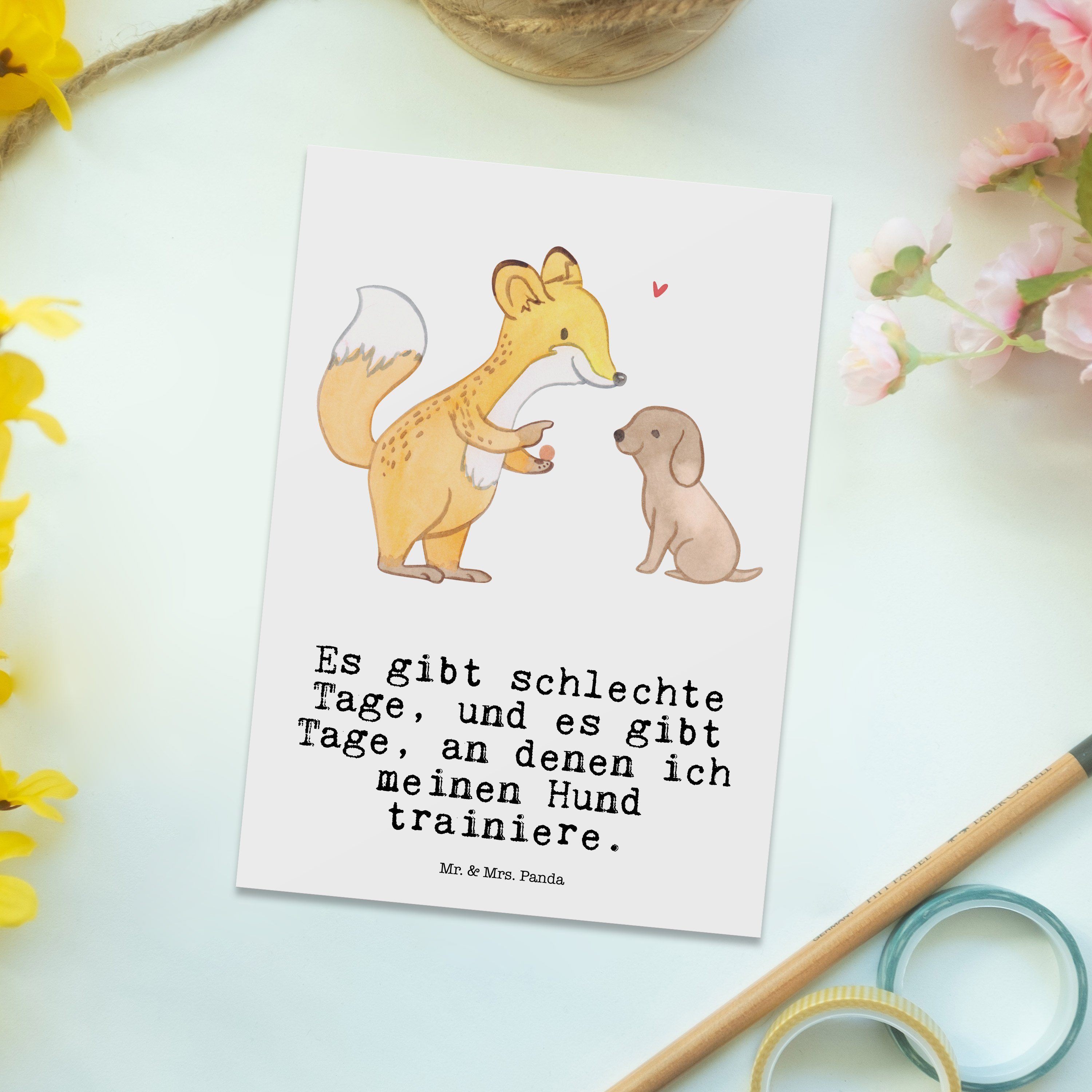 Mr. & Mrs. Geschenk, Ansichtskart Weiß - Hundeschule, Tage Postkarte Fuchs - Panda Hundetraining