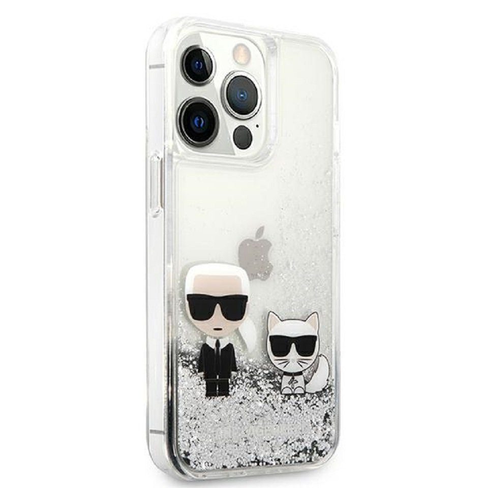 KARL LAGERFELD Handyhülle Case iPhone 13 Pro Katze Cover Glitzer silber 6,1 Zoll, Kantenschutz