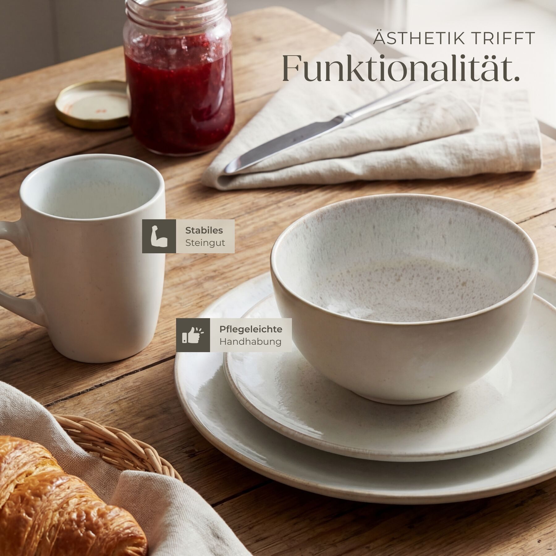 tectake Geschirr-Set Tafelservice aus Steingut für 6 Personen, ineinander stapelbar (30-tlg), 6 Personen, Steingut, handgefertigt, mit Glasur, spülmaschinen- un – Bild 4 von 5