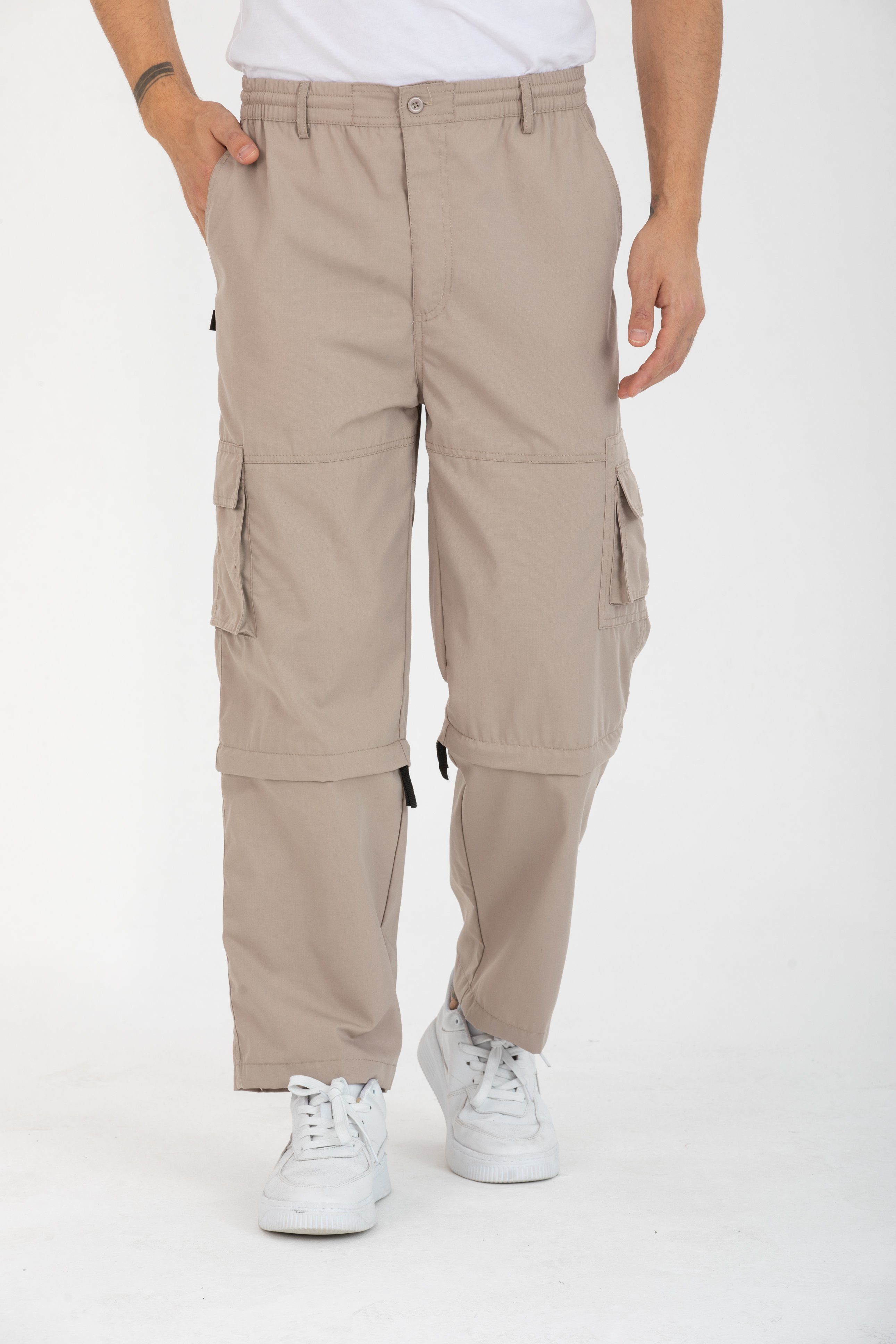 Dehnbund 6 Hose Off Kendindza Zipp abnehmbare Collection Arbeit Rangerhose Gummibund Beine, Taschen Cargohose Hose elastisch, Herren Beige Cargohose Cargo