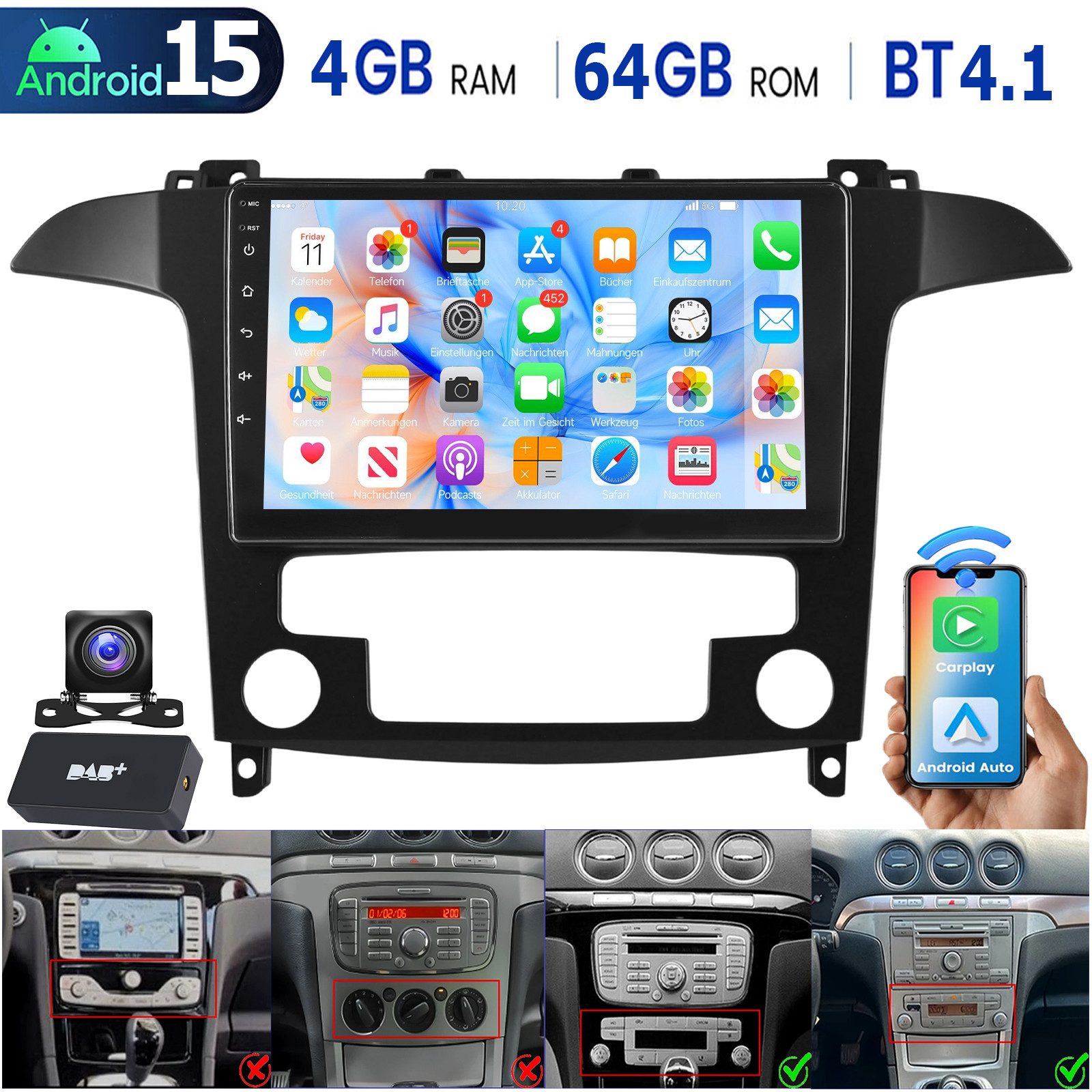 ESSGOO DAB+ Für Ford S-Max 2007-15 Android 15 Autoradio Carplay GPS Navi RDS Autoradio (RDS, 4+64GB(optional), Digitalradio (DAB), FM, AM, Carplay Android Auto Bluetooth EQ USB GPS Navi WIFI Touchscreen)