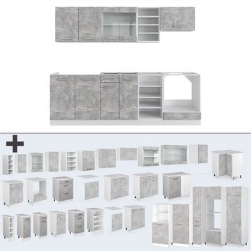 Livinity® Küchenzeile R-Line, Beton/Weiß, 240 cm, AP Eiche