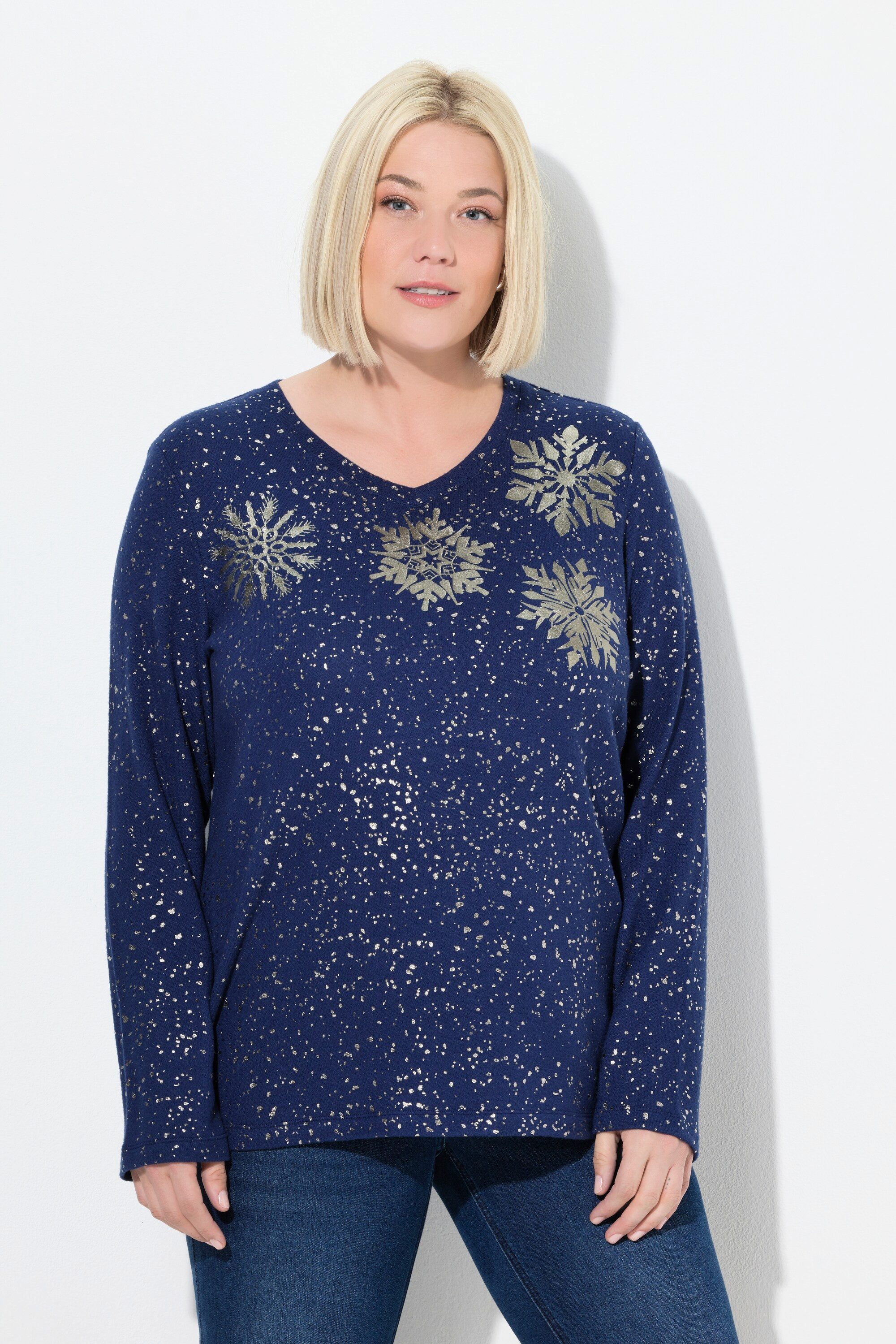 Ulla Popken Sweatshirt Sweatshirt Metallic-Druck V-Ausschnitt günstig online kaufen