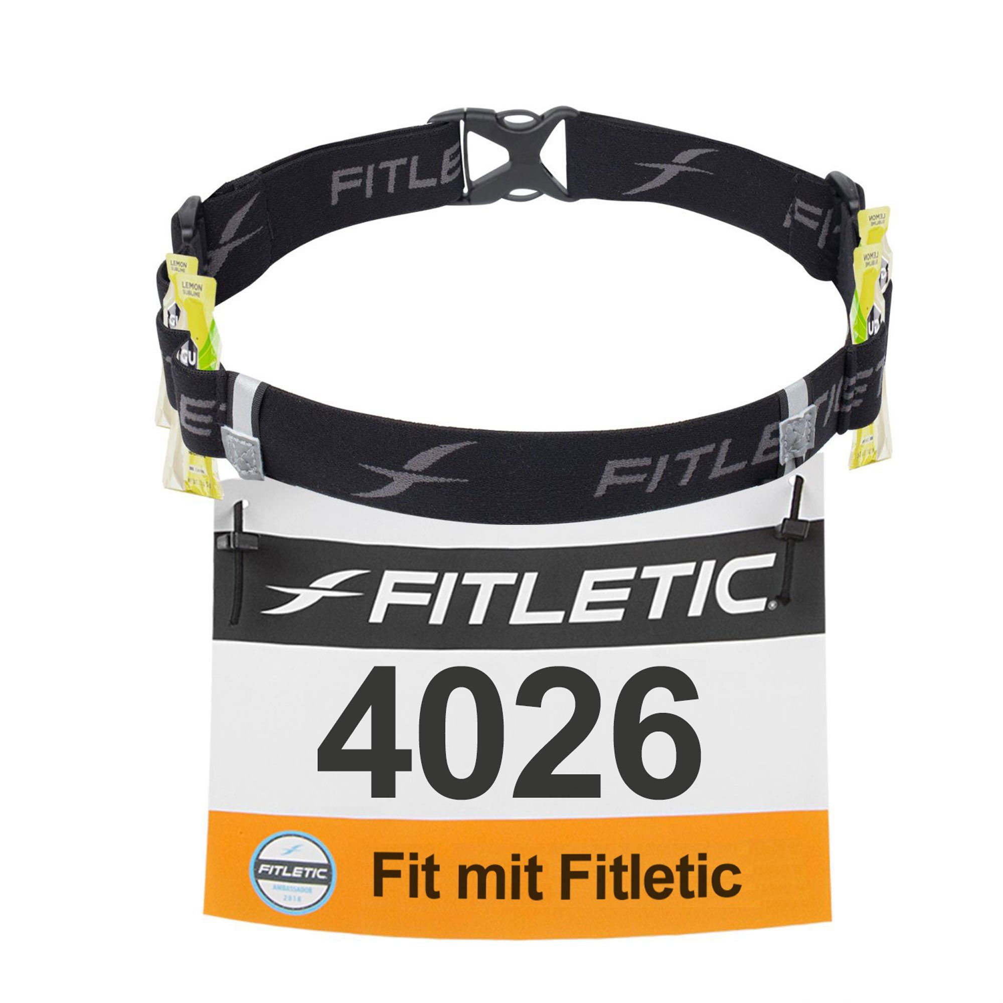 Fitletic Laufgürtel für Laufgürtel "Race 2" Premium Schwarz Laufausrüstung mit Startnummer-Halterung Gelschlaufen