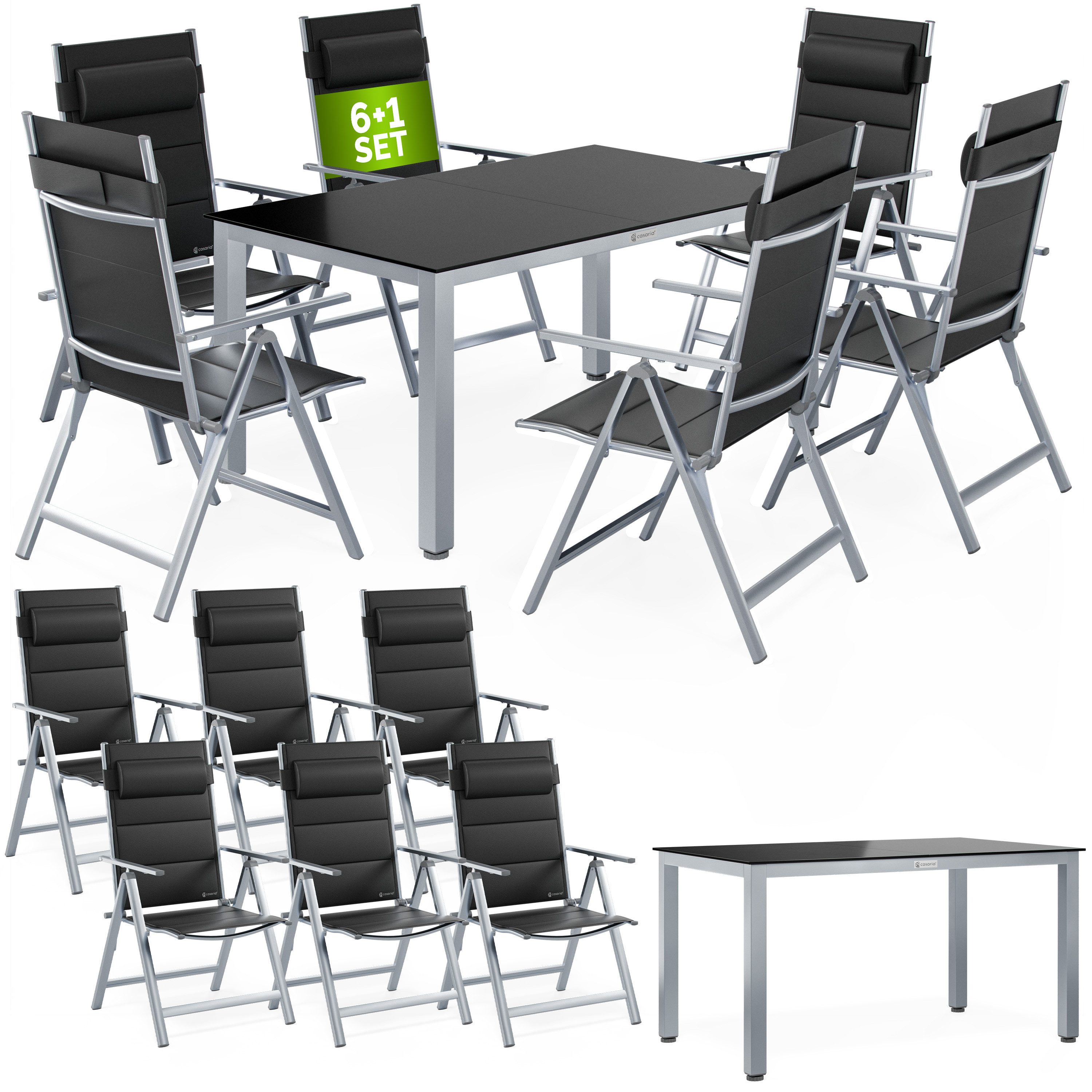Casaria Garten-Essgruppe, (7-tlg), 6 Personen Aluminium 8-fach verstellbare Lehne inkl. Kissen Wetterfest