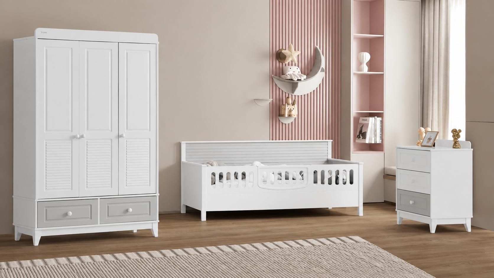 Xlmoebel Kinderbett Set für das Kinderzimmer: Bett, Kommode und Schrank in Weiß (Kinderzimmer-Set, 3-tlg., Bett; Kommode; Schrank), Made in Europa