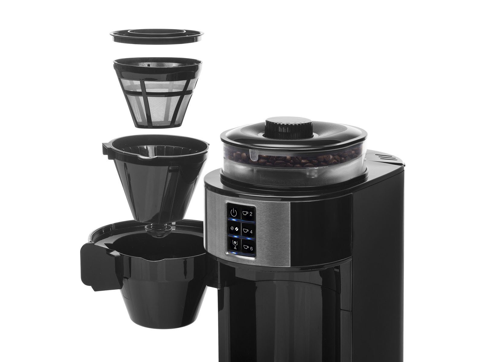 für 6 Wassertank Tassen Filterkaffeemaschine, Mahlwerk mit abnehmbarem für Bohnen PRINCESS &