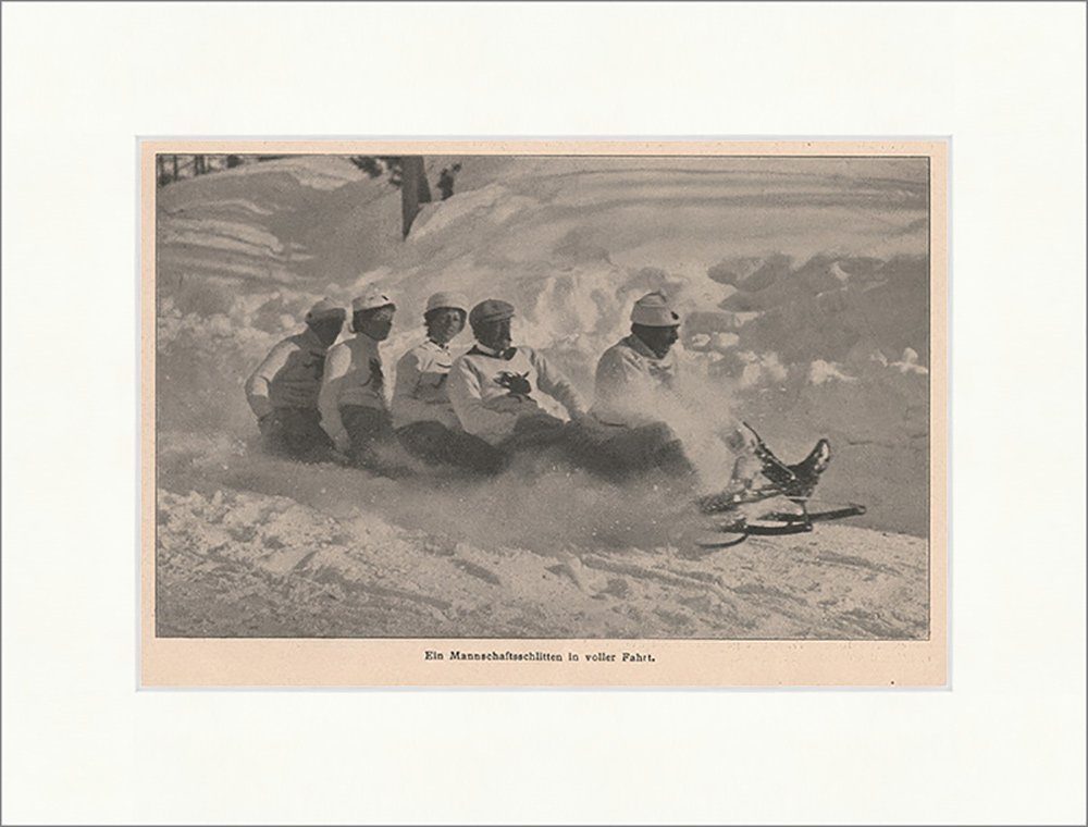 Kunstdruck Ein Mannschaftsschlitten in voller Fahrt Wintersport Schnee F_Vintage