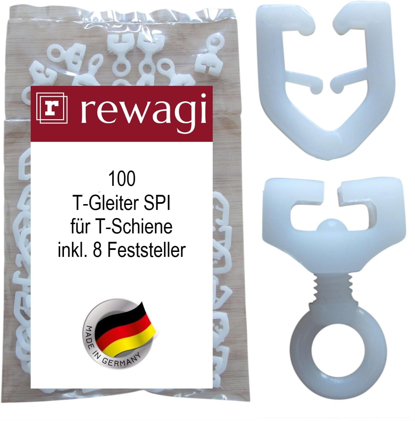 Gardinenhaken 100 T-Gleiter SPI, Gardinenhaken & 8 Feststeller für T-Schienen -weiß